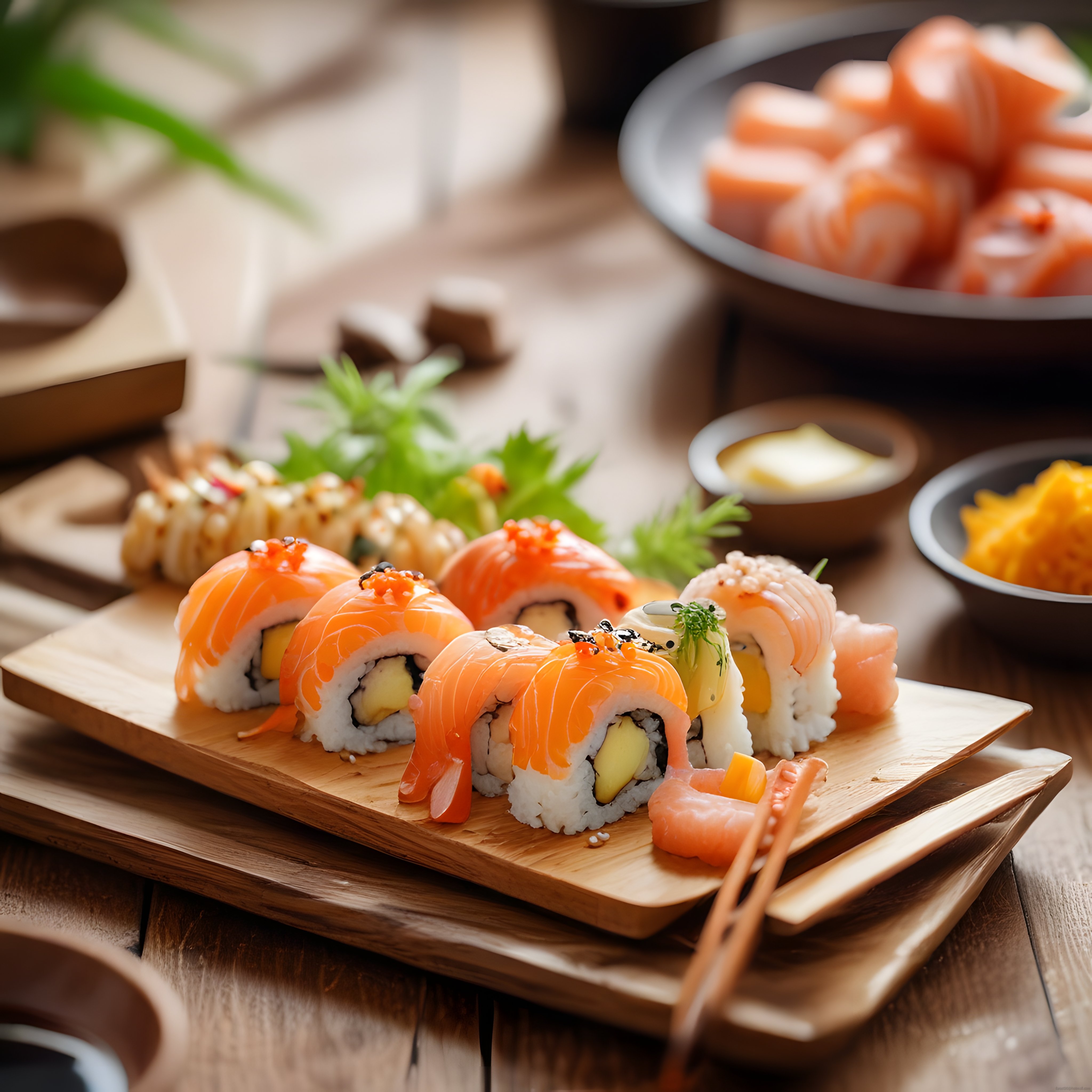Sofistike Somonlu Sushi ve Makiler: Ahşap Sunum Tahtası Detayları