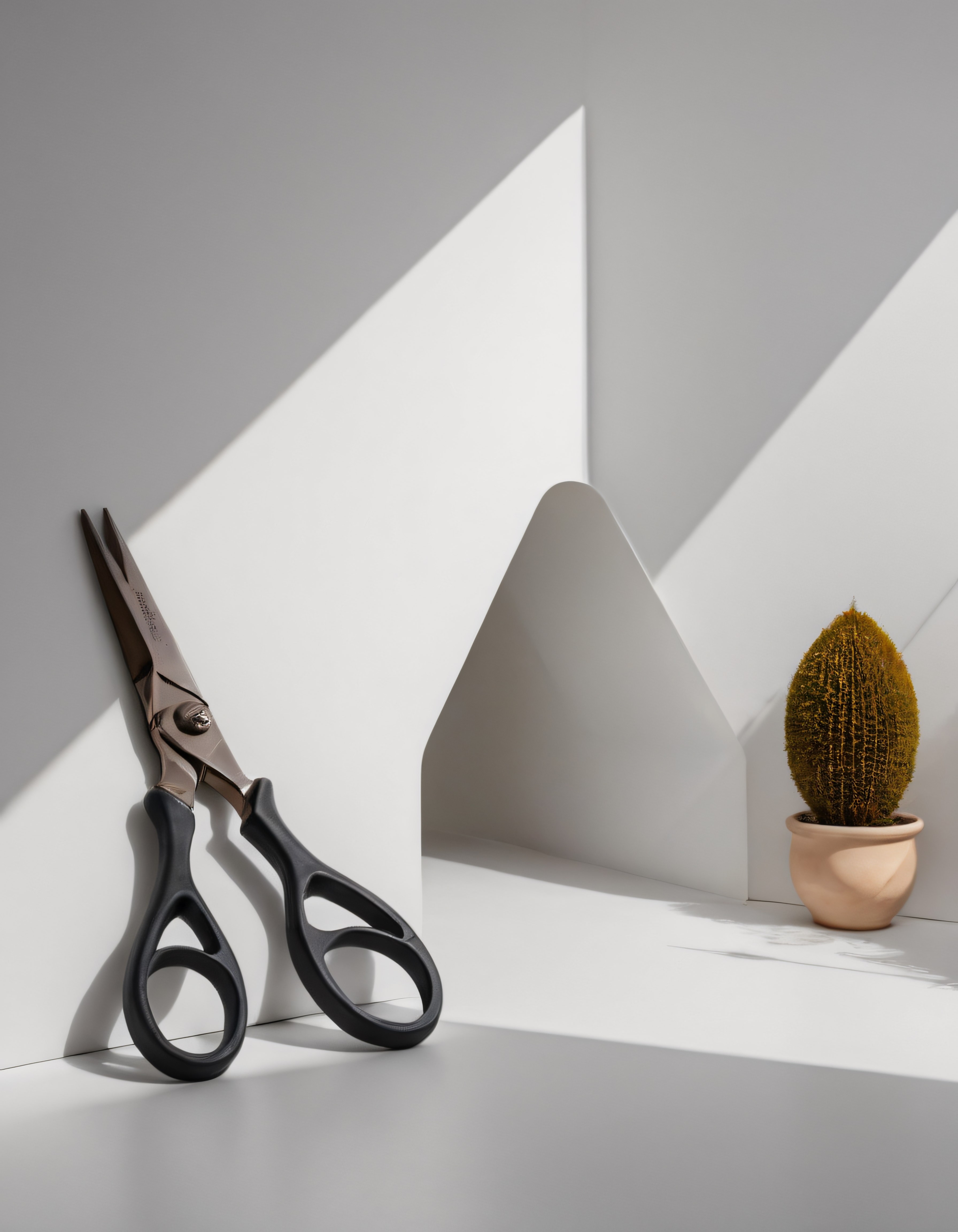 Soft ışık ve gölgelerle minimalist makas ile kaktüs stüdyo kompozisyonu