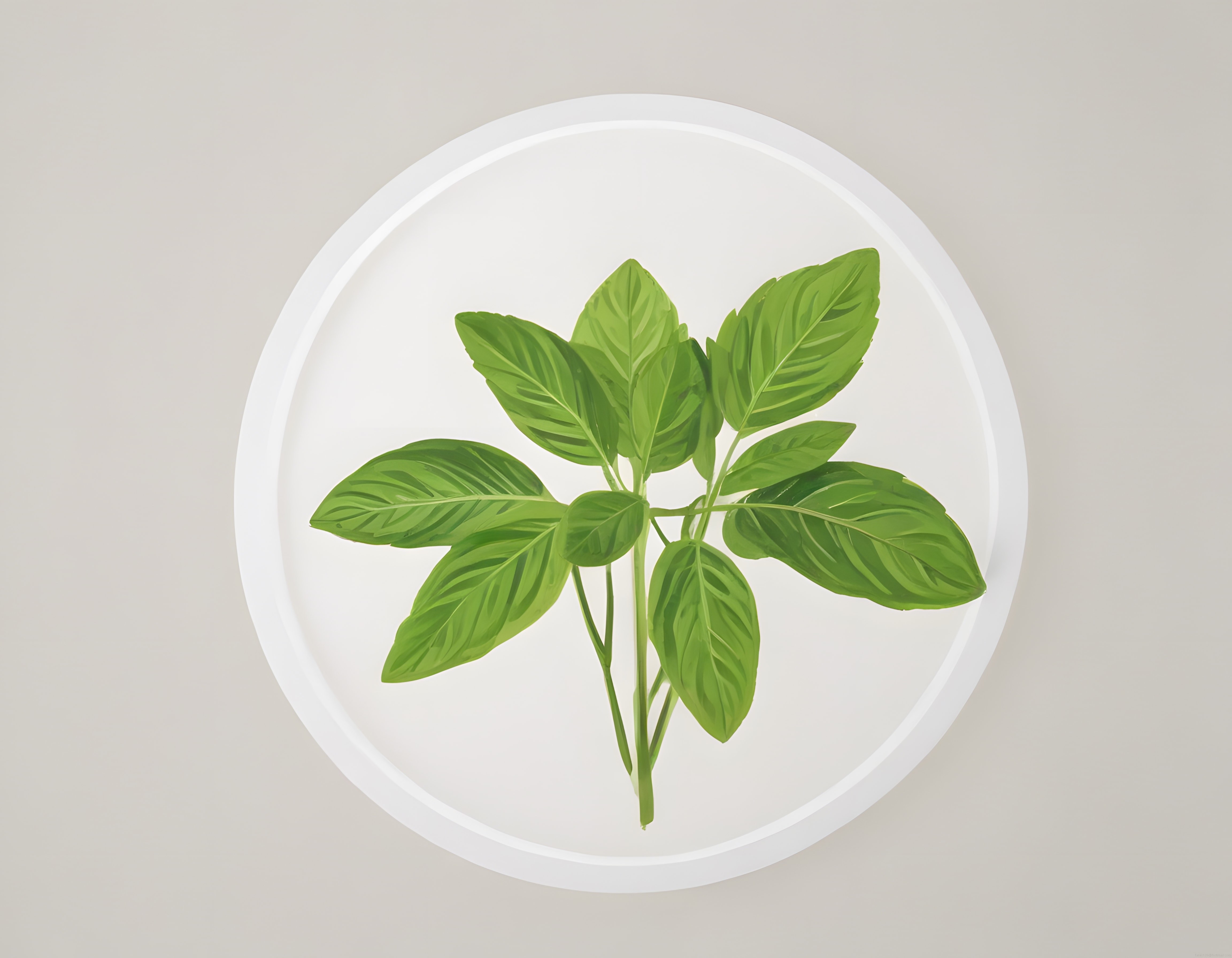 Soft Işıkta Beyaz Tabakta Taze Fesleğen ile Minimalist Yemek Fotoğrafı