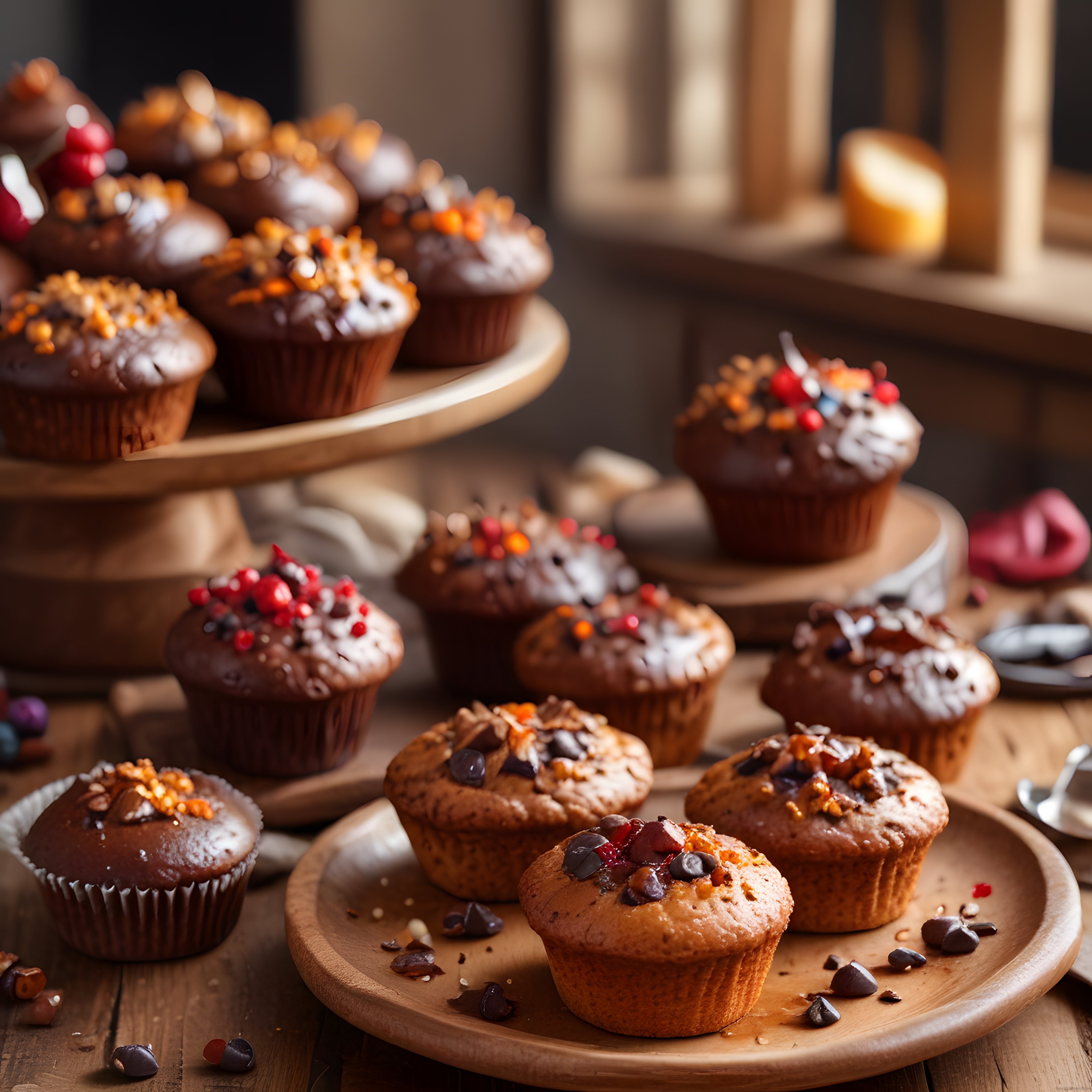 Soft Işıkta Çikolatalı Cupcake ve Muffinlerle Sıcacık Rustik Tatlı Sunumu