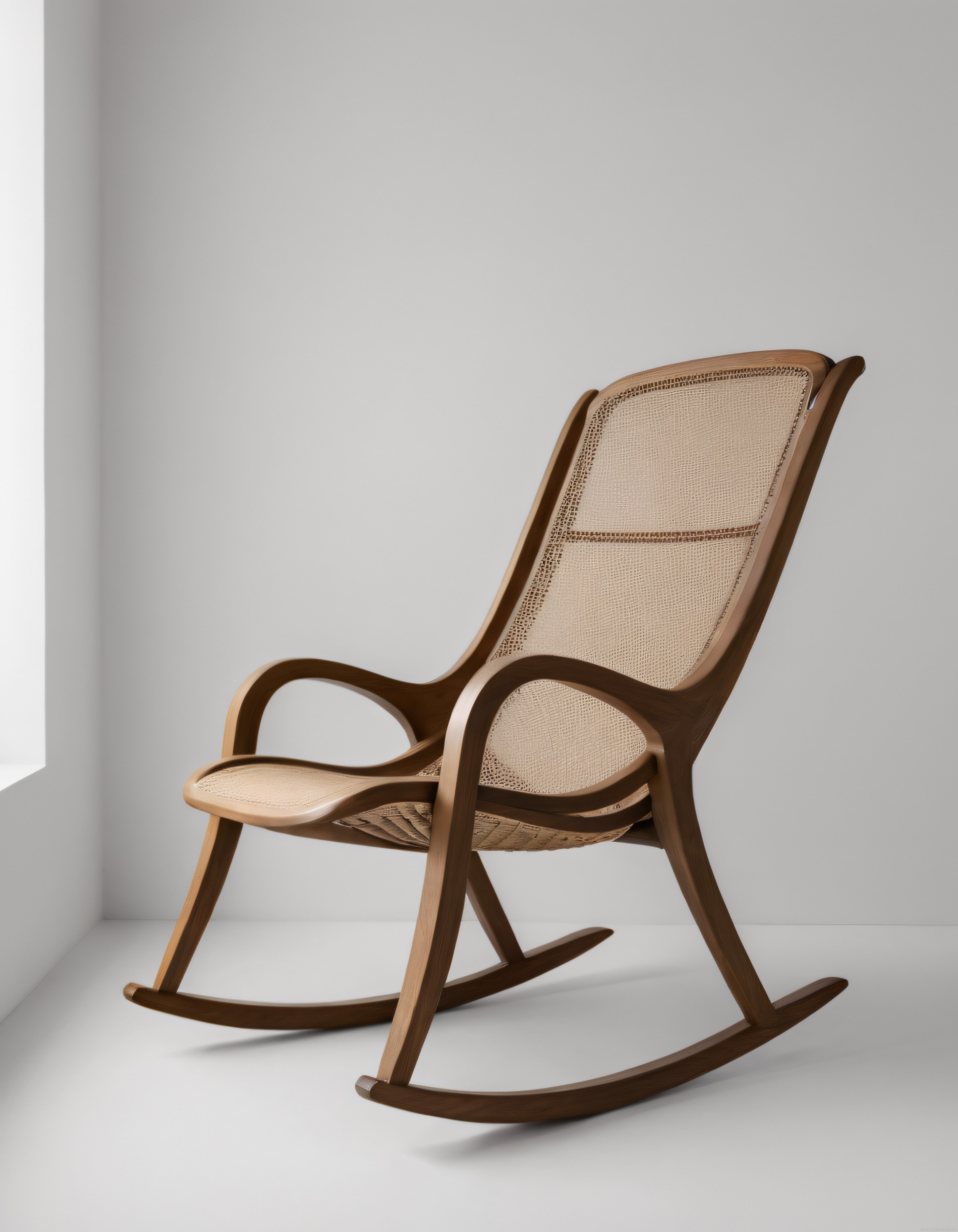 Soft Işıkta Hasır Örgülü Modern Ahşap Sallanan Sandalye ve Minimalist Oda