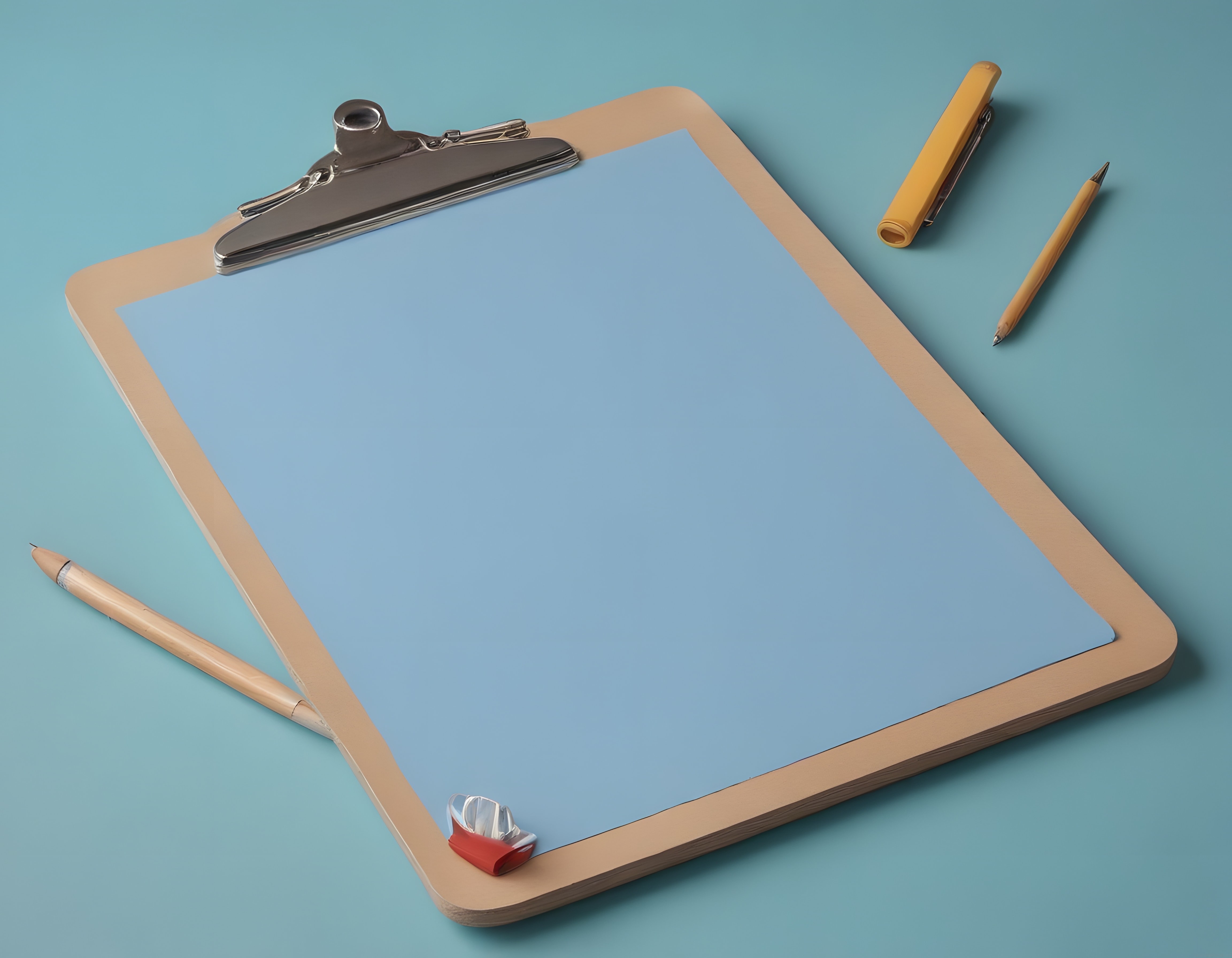 Soft Mavi Fonda Ahşap Clipboard ve Kalem ile Minimal Çalışma Düzeni