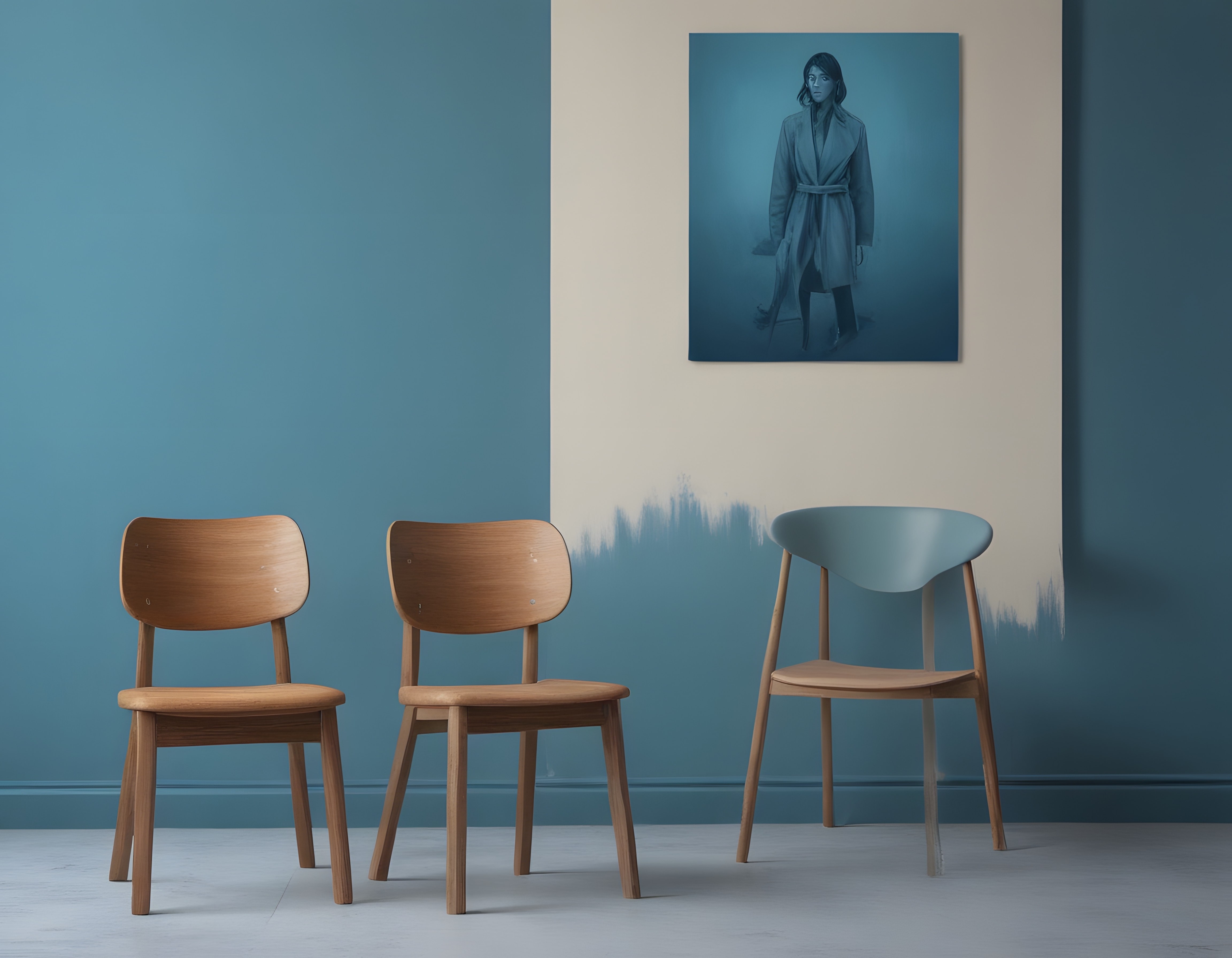 Soft Mavi Tonlarında Modern Salon: Minimalist Sandalyeler ve Sanatsal Duvar Panosu