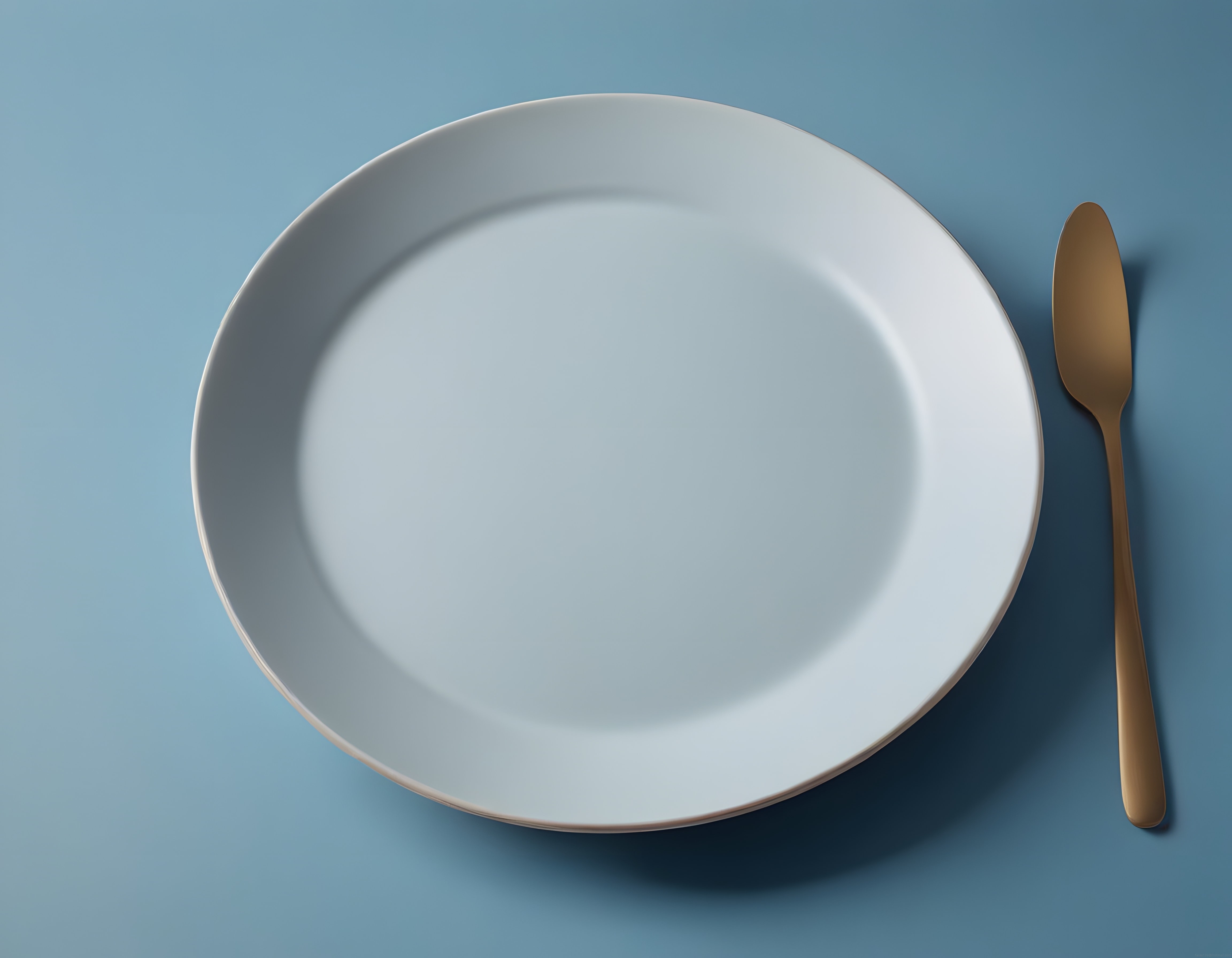 soft mavi zeminde minimalist beyaz seramik kase ve altın bıçak düz çekim