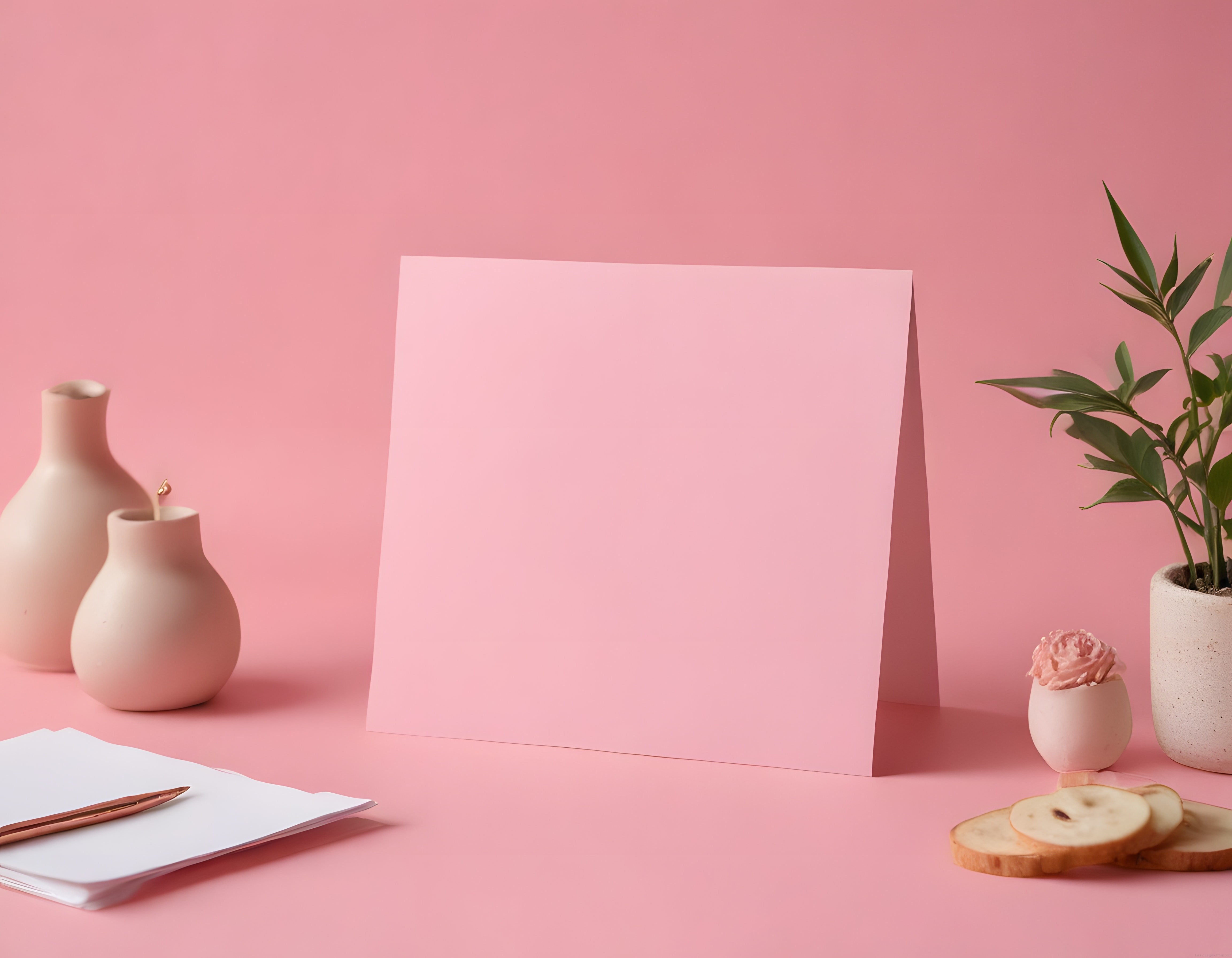 Soft pembe arka planda minimalist masaüstü dekoru ve boş poster mockup