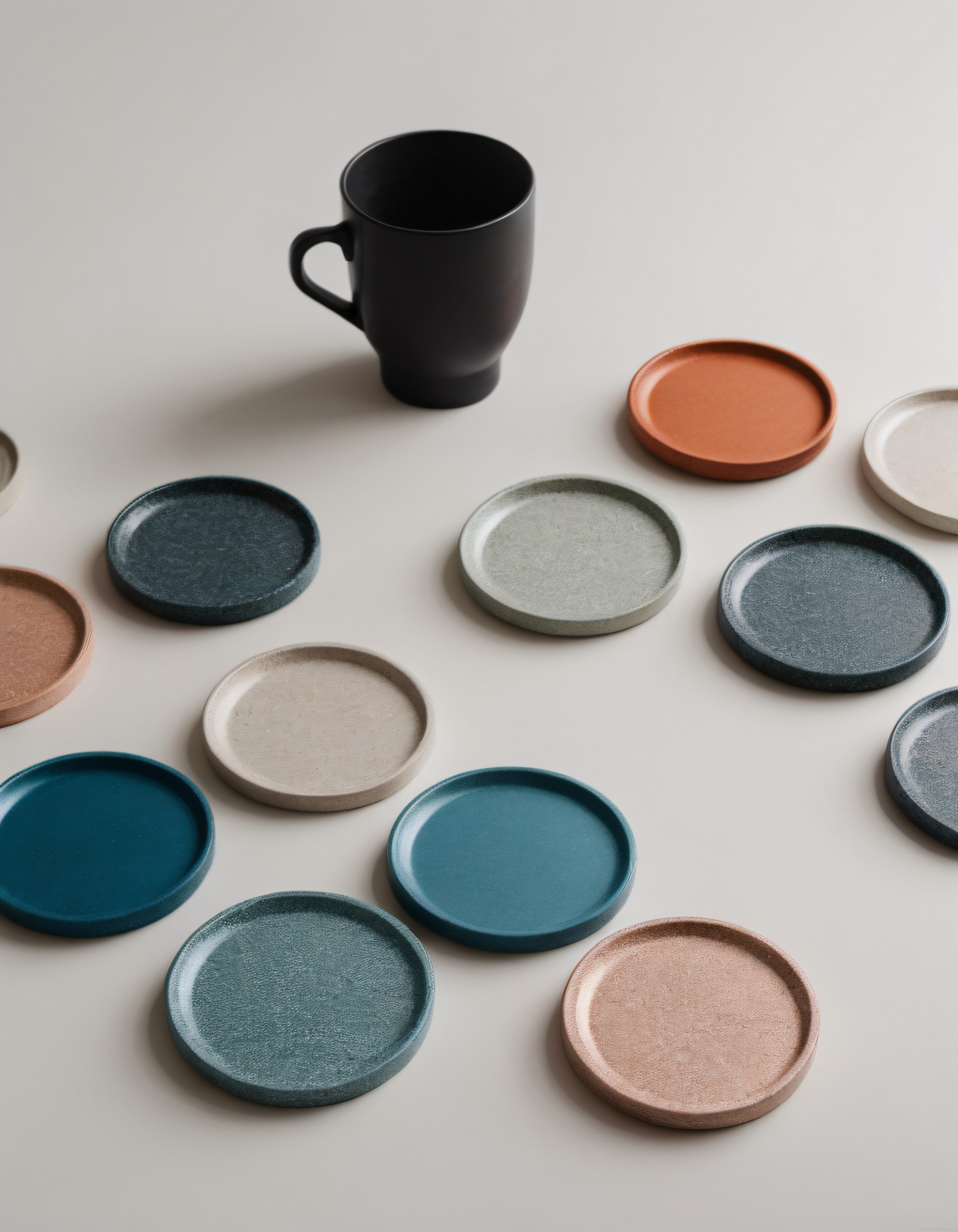 soft renkli seramik tabaklar ve mat siyah kupa ile minimalist masa düzeni