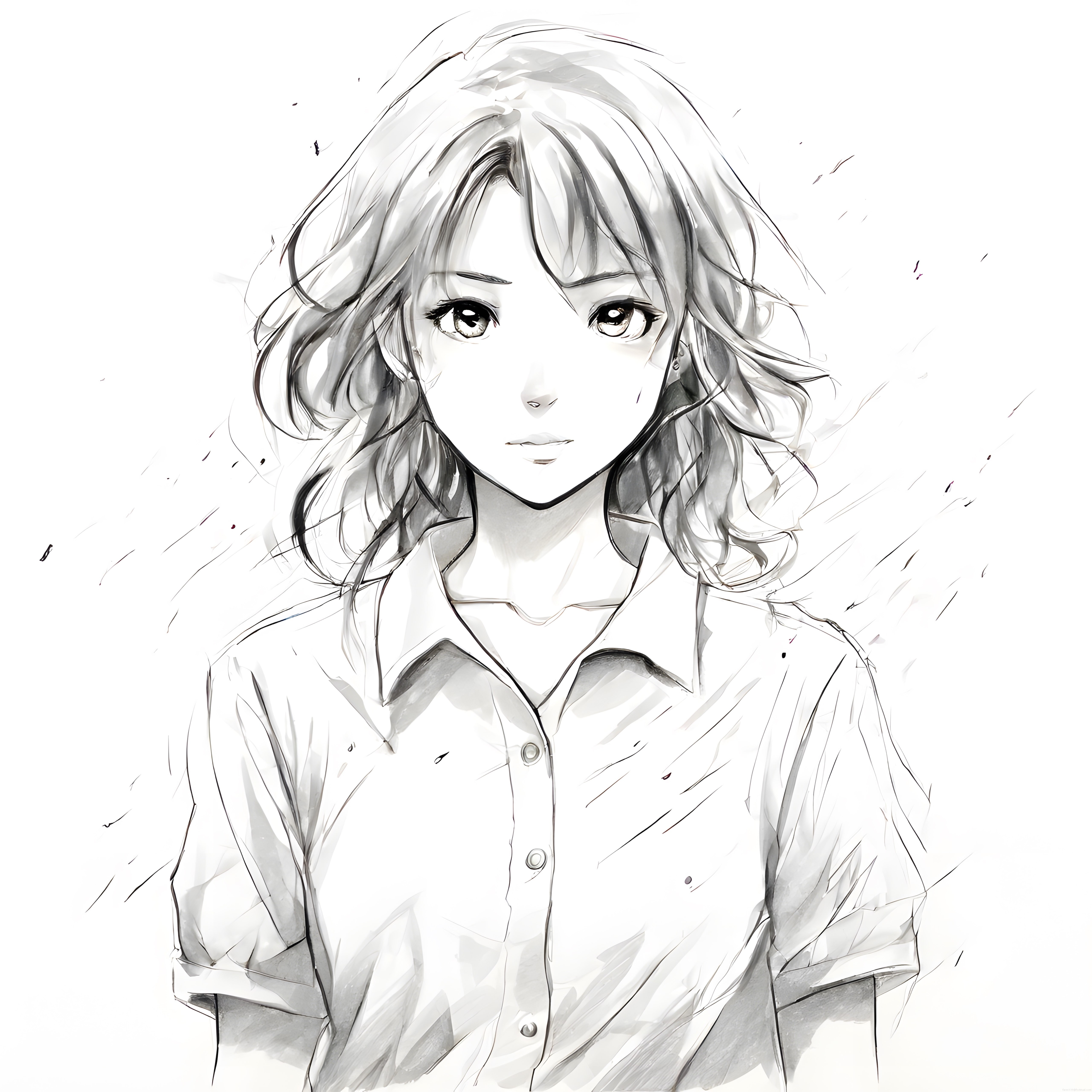 Soft Suluboya ve Mürekkep Dokularıyla Anime Tarzı Genç Kadın Portresi