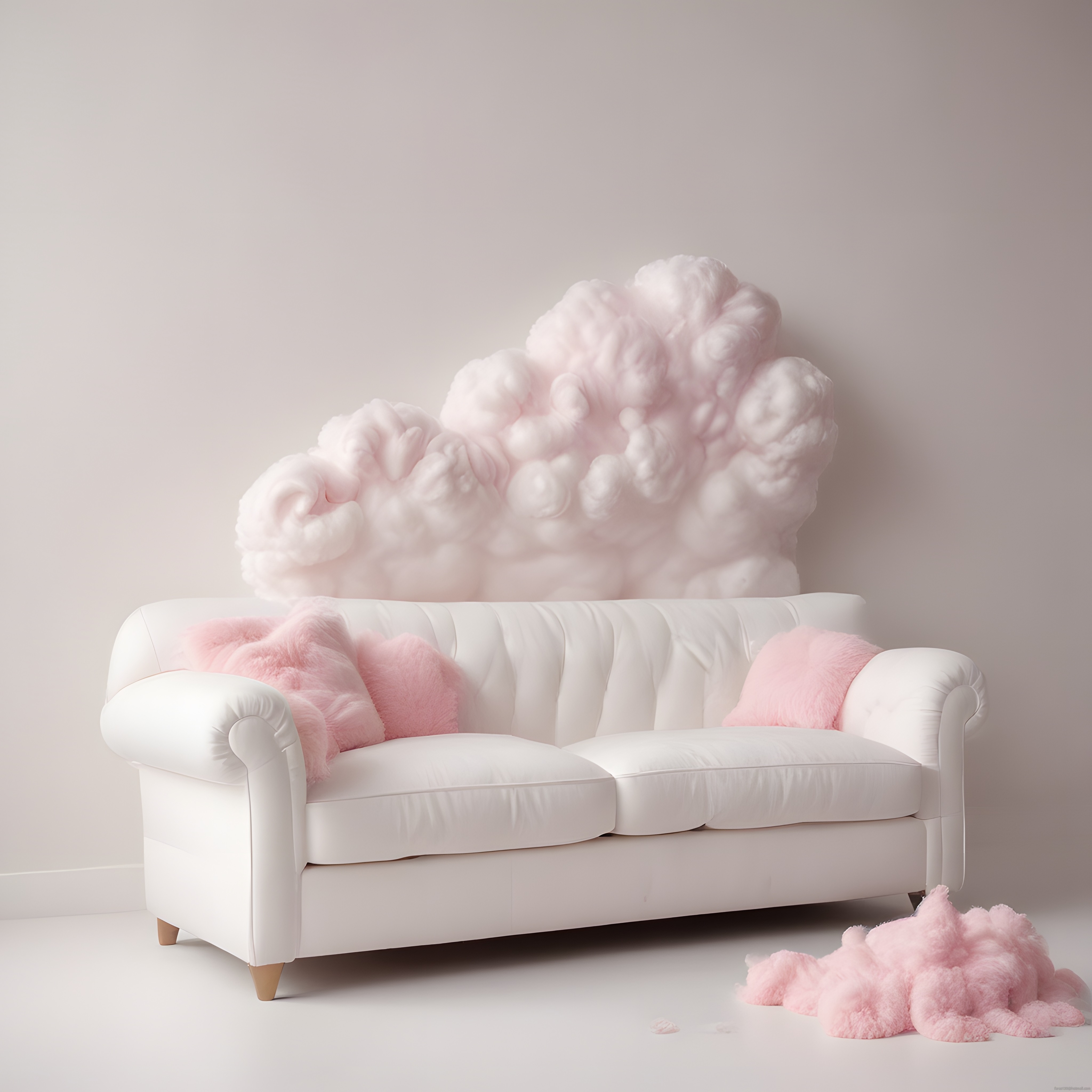 Soft Tonlarda Pembe Bulut Detaylarıyla Süslenmiş Beyaz Salon Dekorasyonu