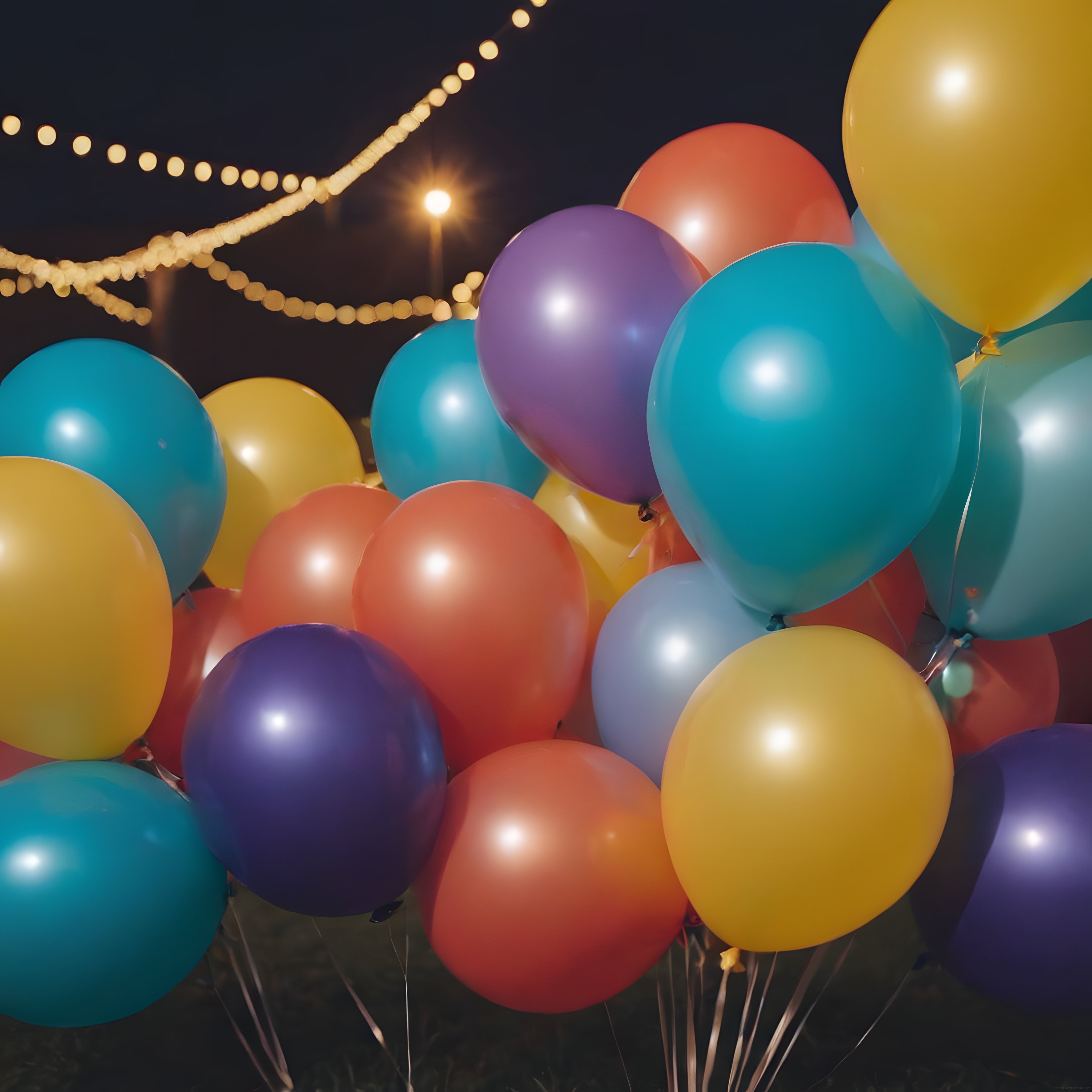 Sokak Lambası ve Işık Süsleri Altında Rengarenk Gece Parti Balonları