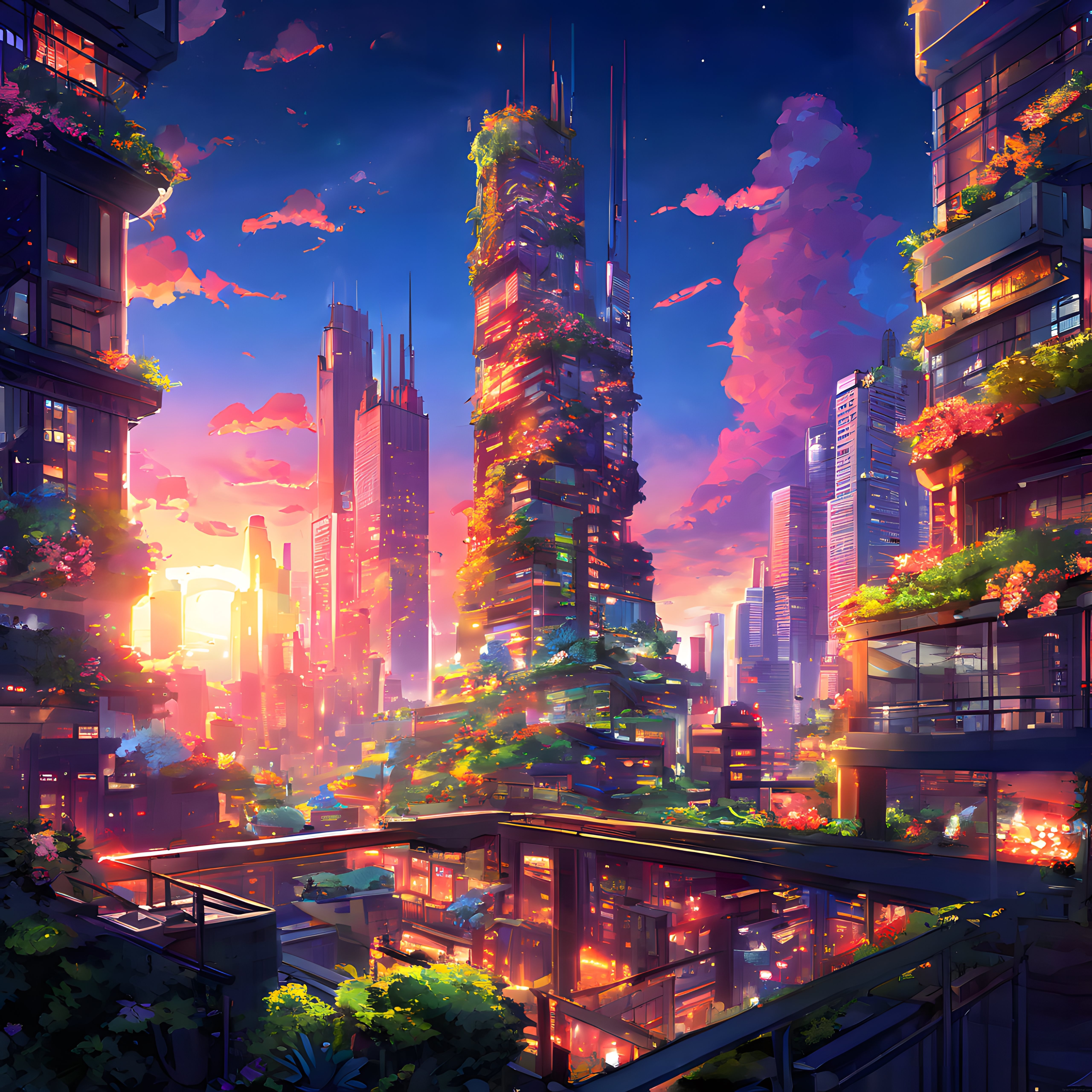 Solarpunk Şehir: Gökyüzüne Uzanan Yeşil Gökdelenler ve Altın Pembe Gün Batımı