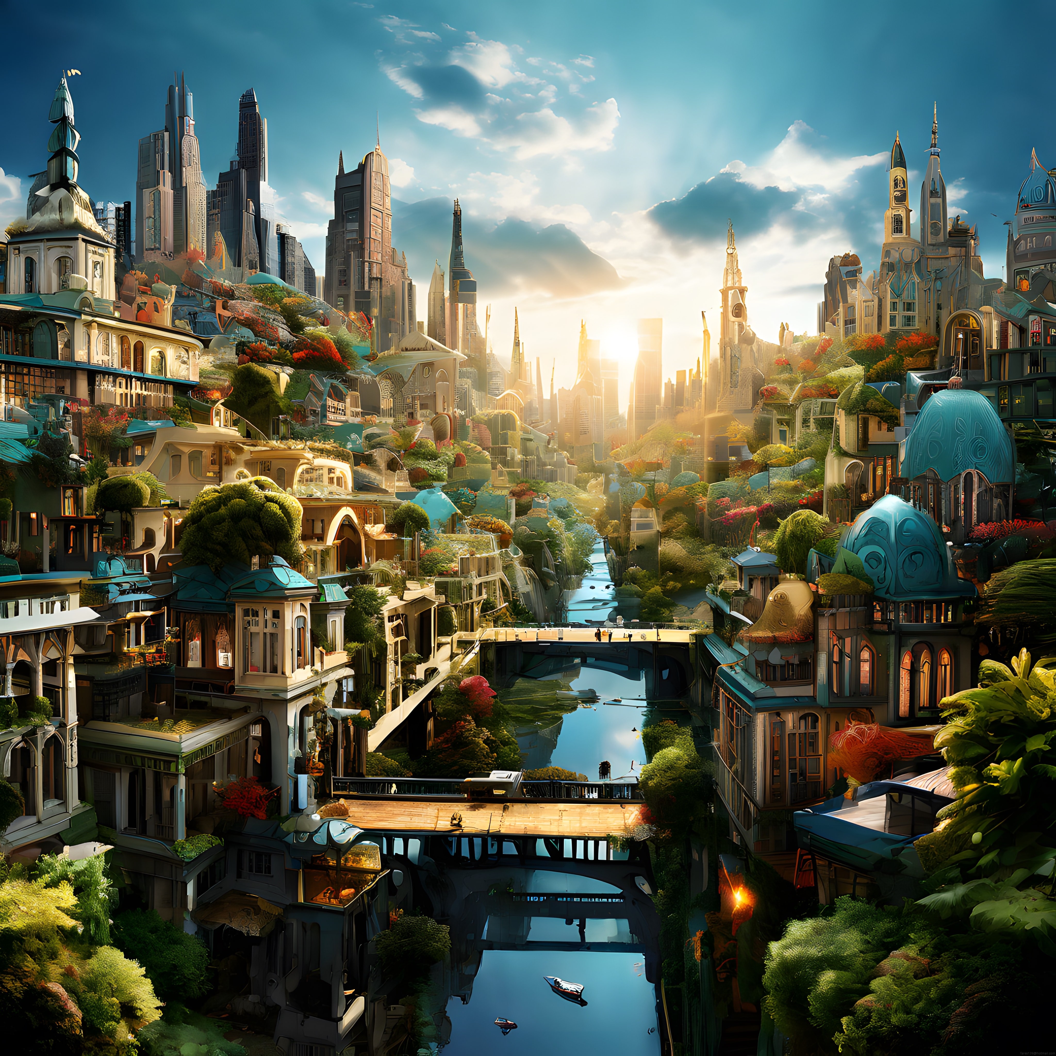 Solarpunk Tarzında Yeşile Bürünmüş Fantastik Gelecek Şehir Manzarası