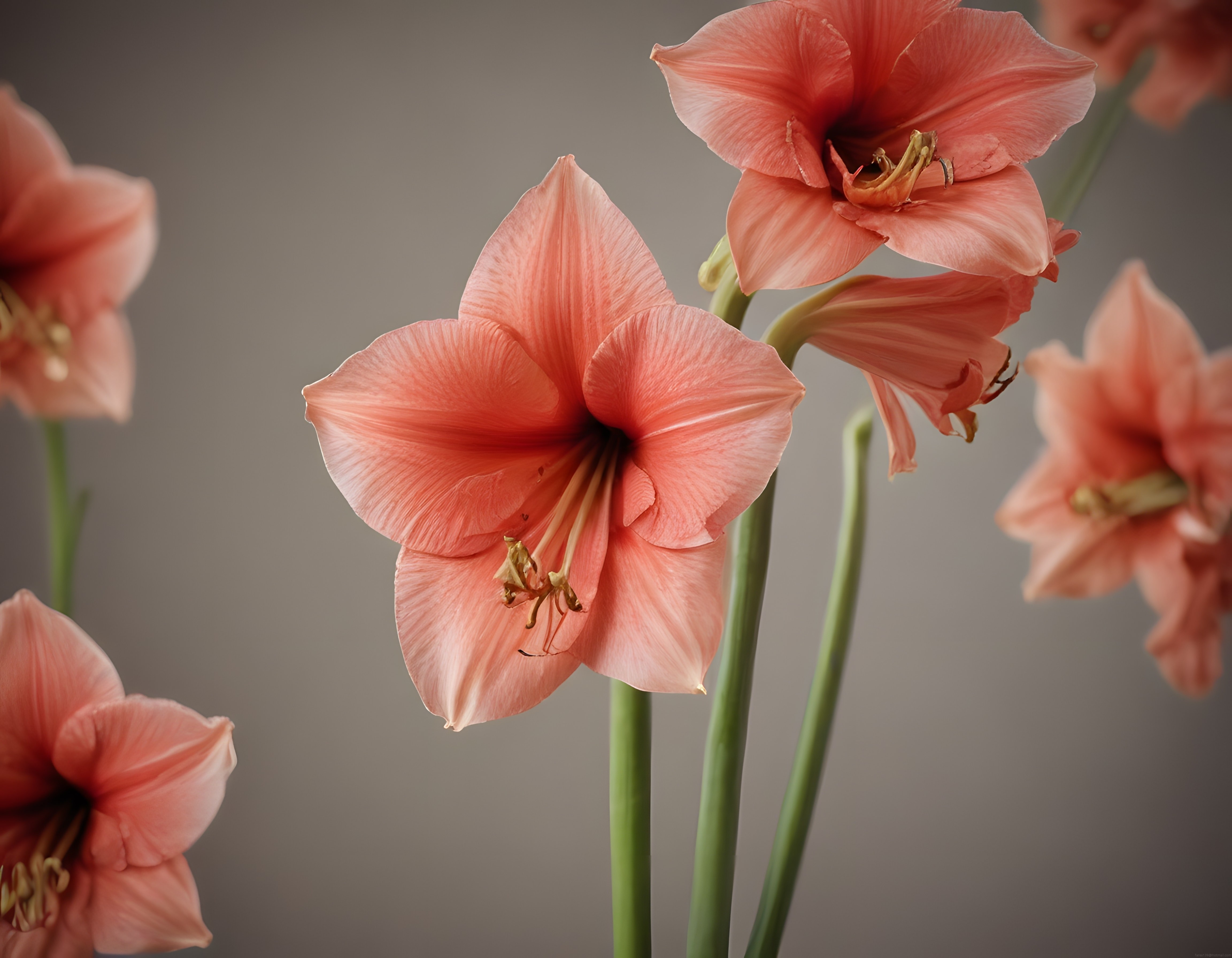 Soluk Gri Fon Üzerinde Pembe Amaryllis Çiçeklerinin Sakin ve Zarif Estetiği