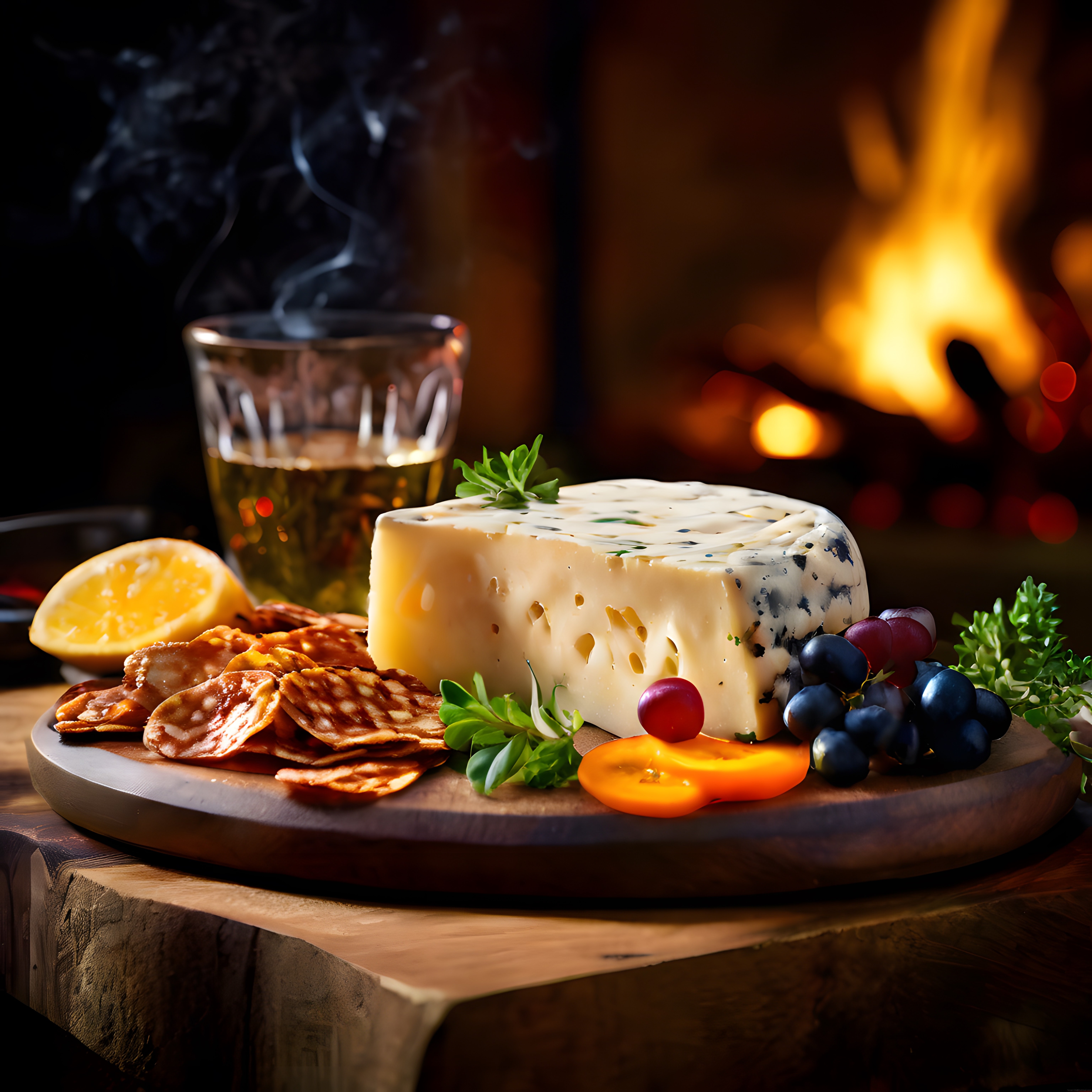 Şömine Işıkları Altında Şarap ve Gourmet Peynir Tabağı Sunumu