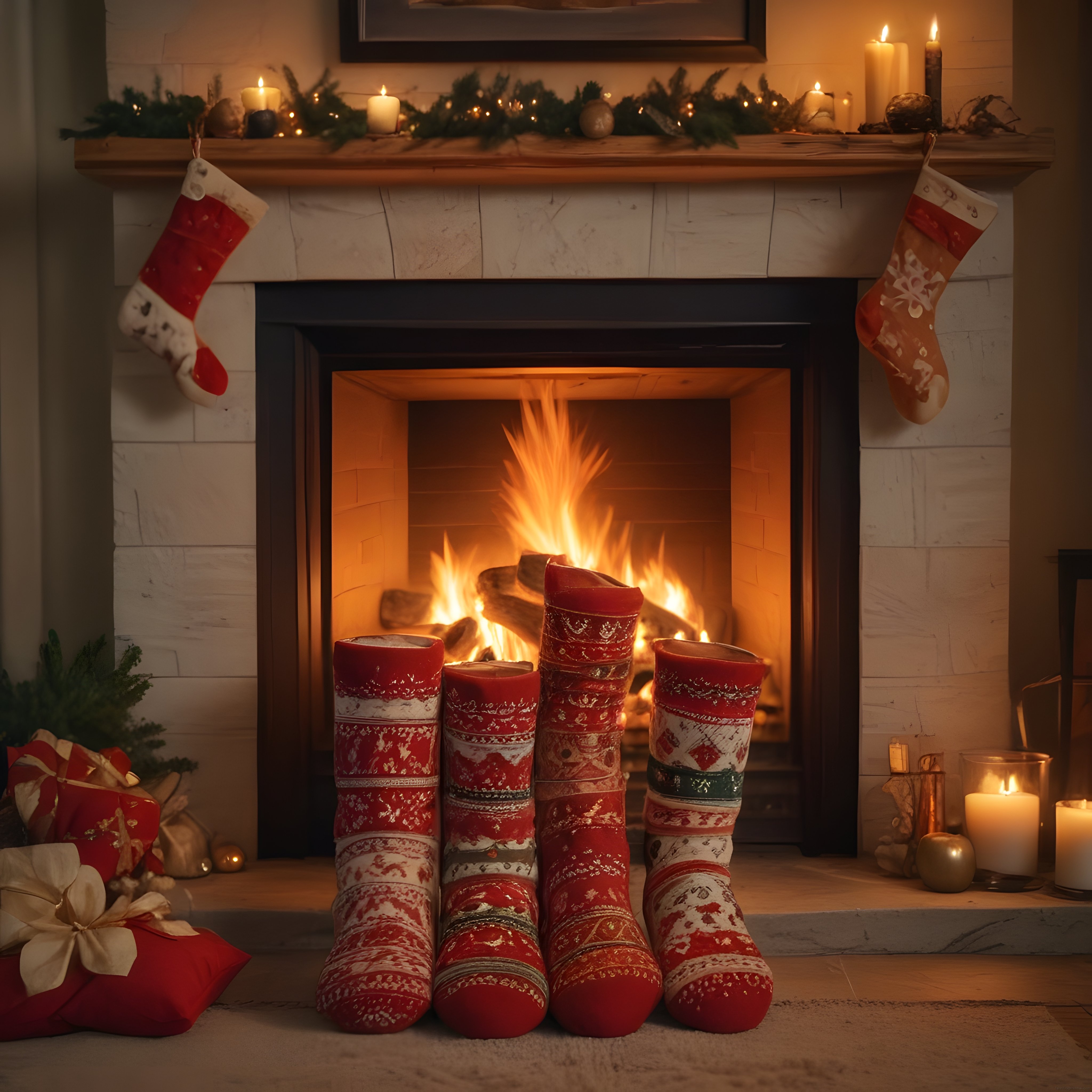 şömine önünde yanan ateş ve noel çoraplarıyla sıcacık kış akşamı