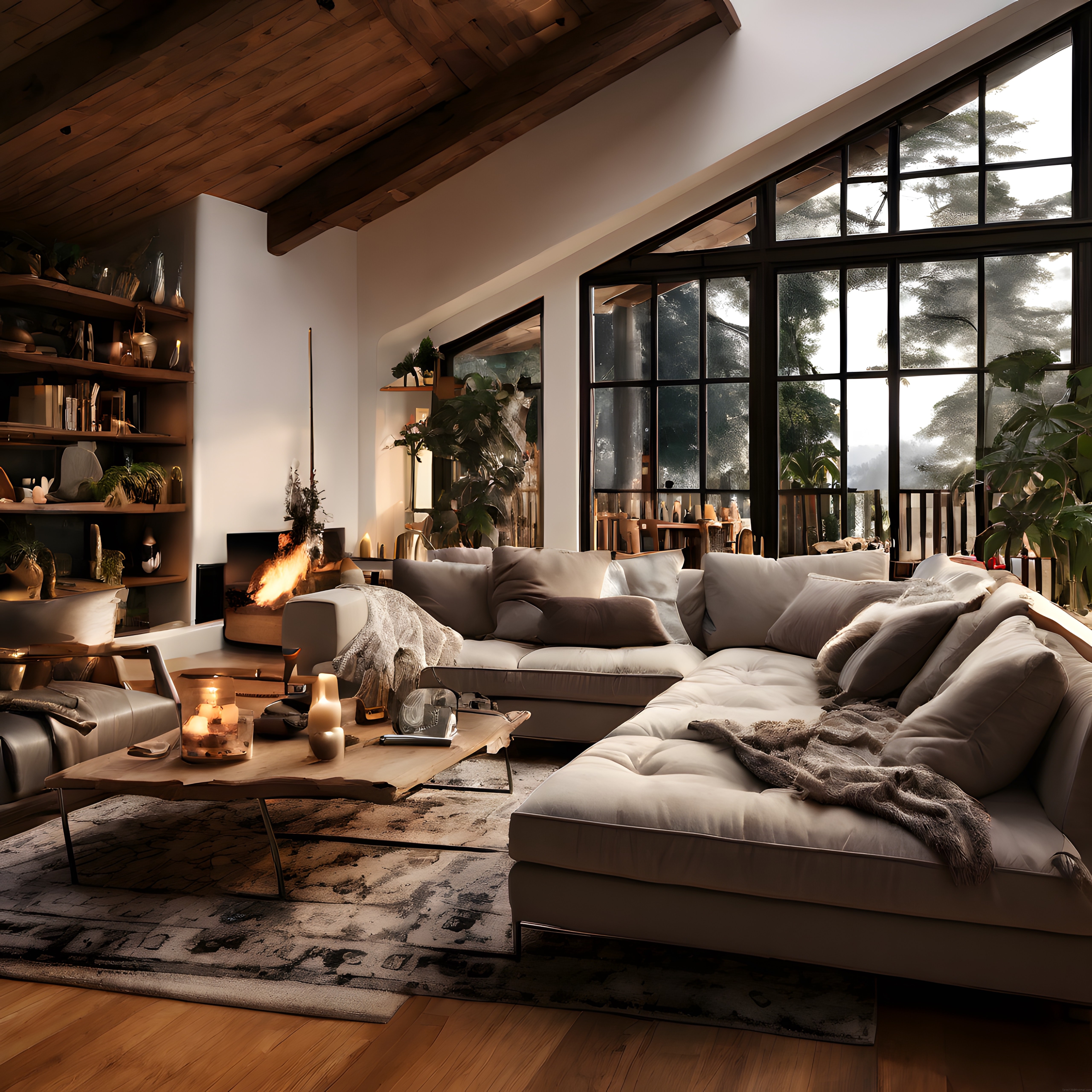 Şömine ve Orman Manzaralı Sıcacık Modern Dağ Evi Oturma Odası