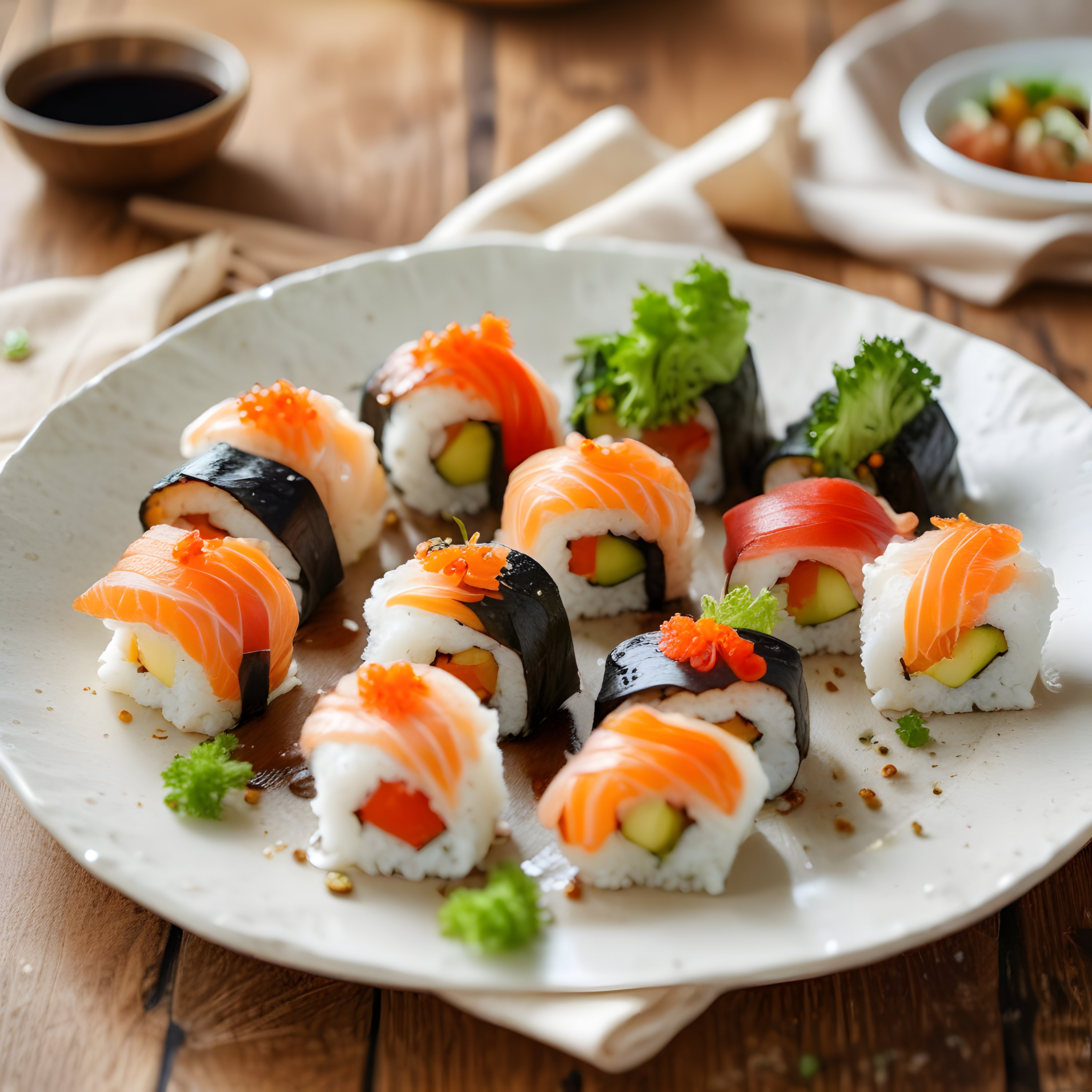 Somon, avokado ve tobiko ile hazırlanmış beyaz tabakta sushi rulosu