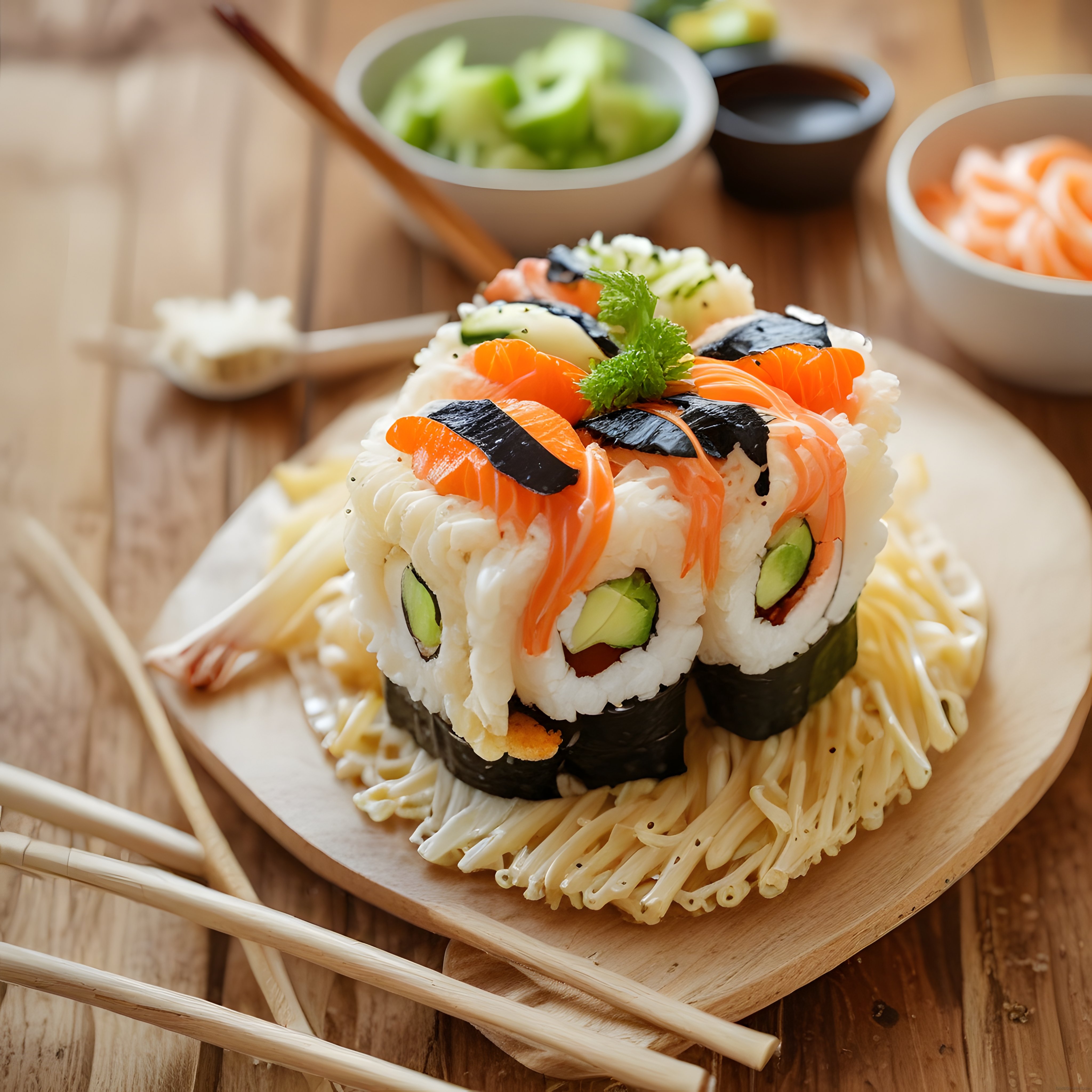 Somon Balıklı ve Nori Yapraklı Çok Katmanlı Sushi Pastası Sunumu