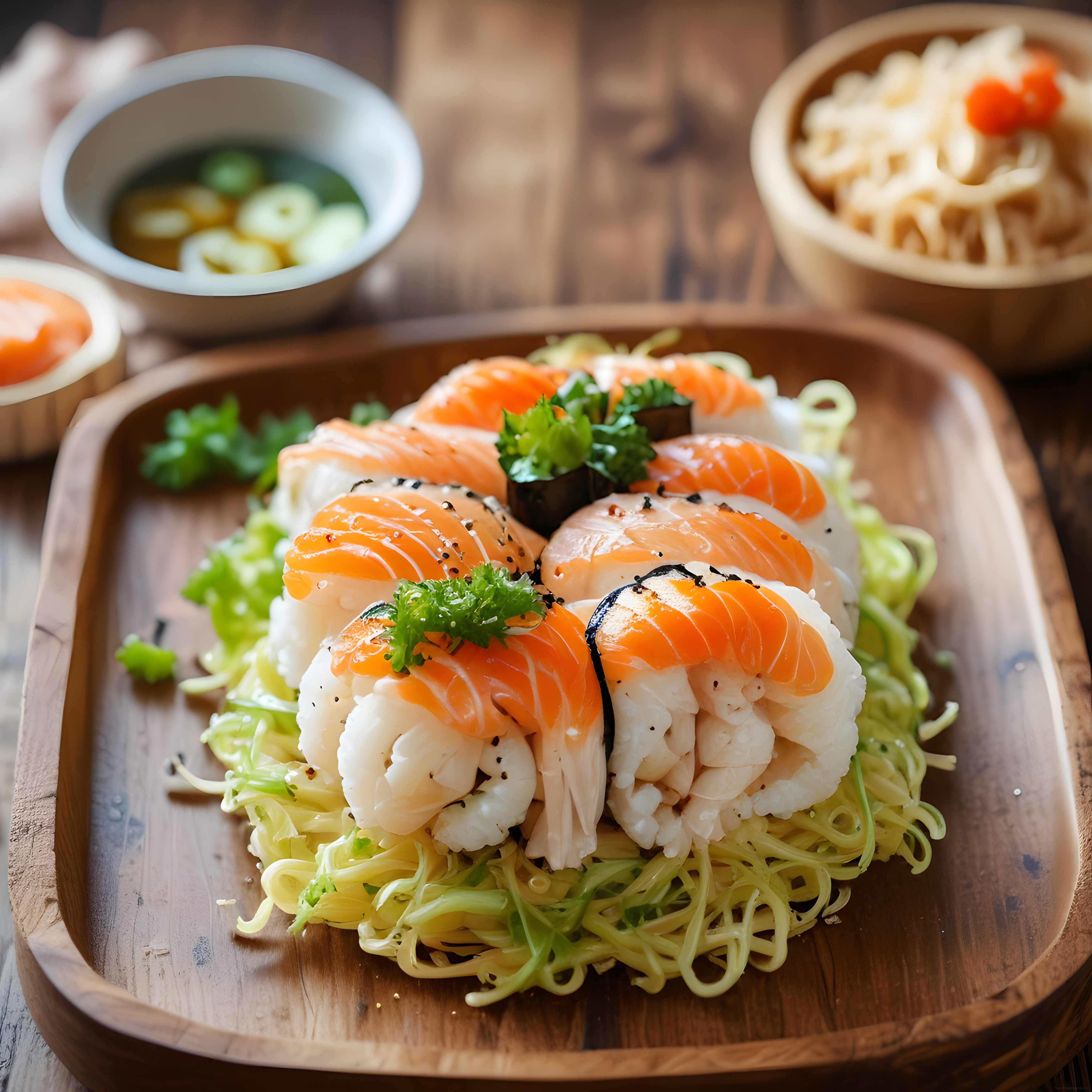 Somon dilimli sushi rulolarının yeşil lahana yatağı üzerinde servisi