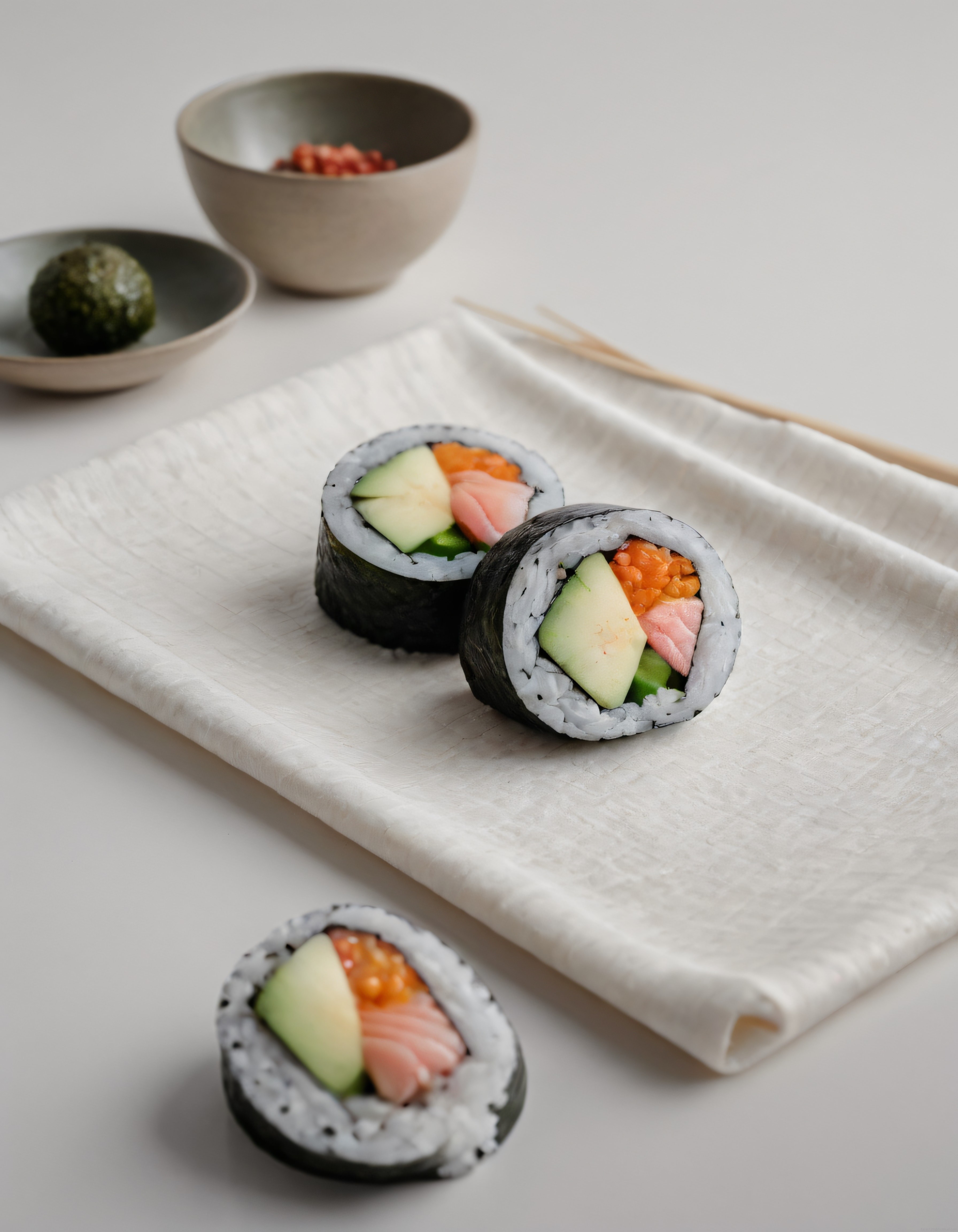 Somon Füme ve Avokadolü Taze Sushi Ruloları: Minimalist Sunum