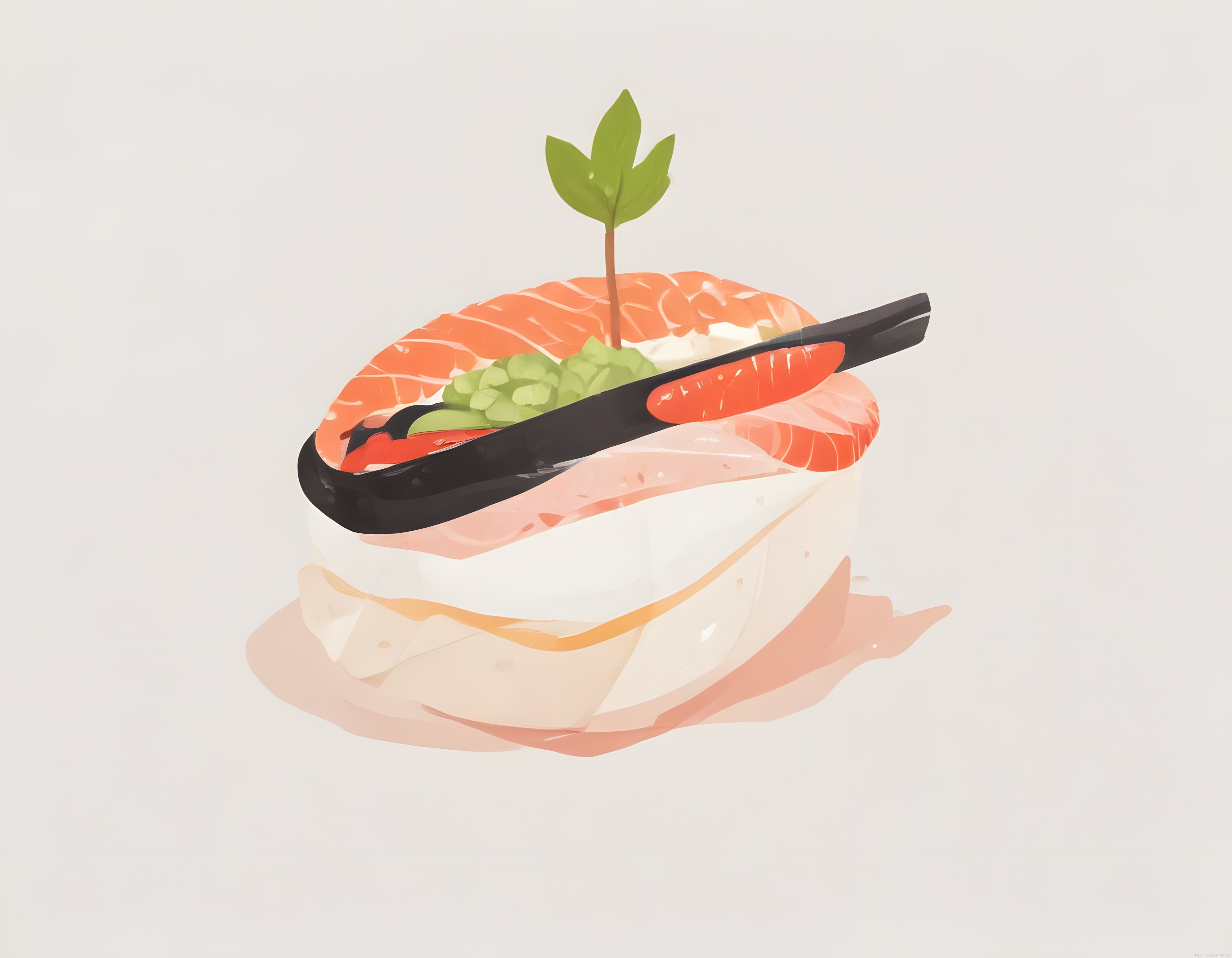 somon nigiri sushi illüstrasyonu pastel arka planda bitki detayıyla