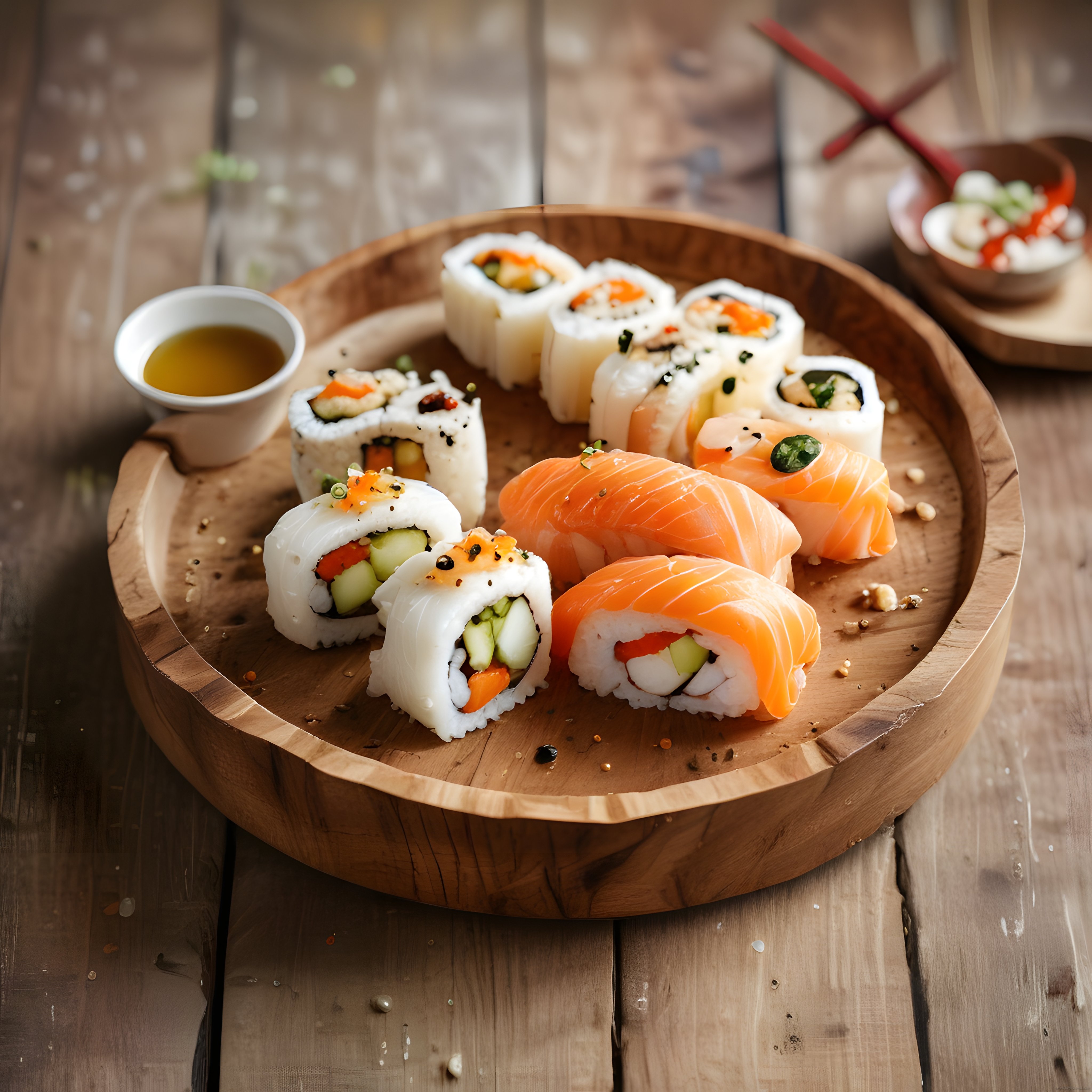 Somon Nigiri ve Çeşitli Maki Rollardan Oluşan Geleneksel Sushi Tabağı