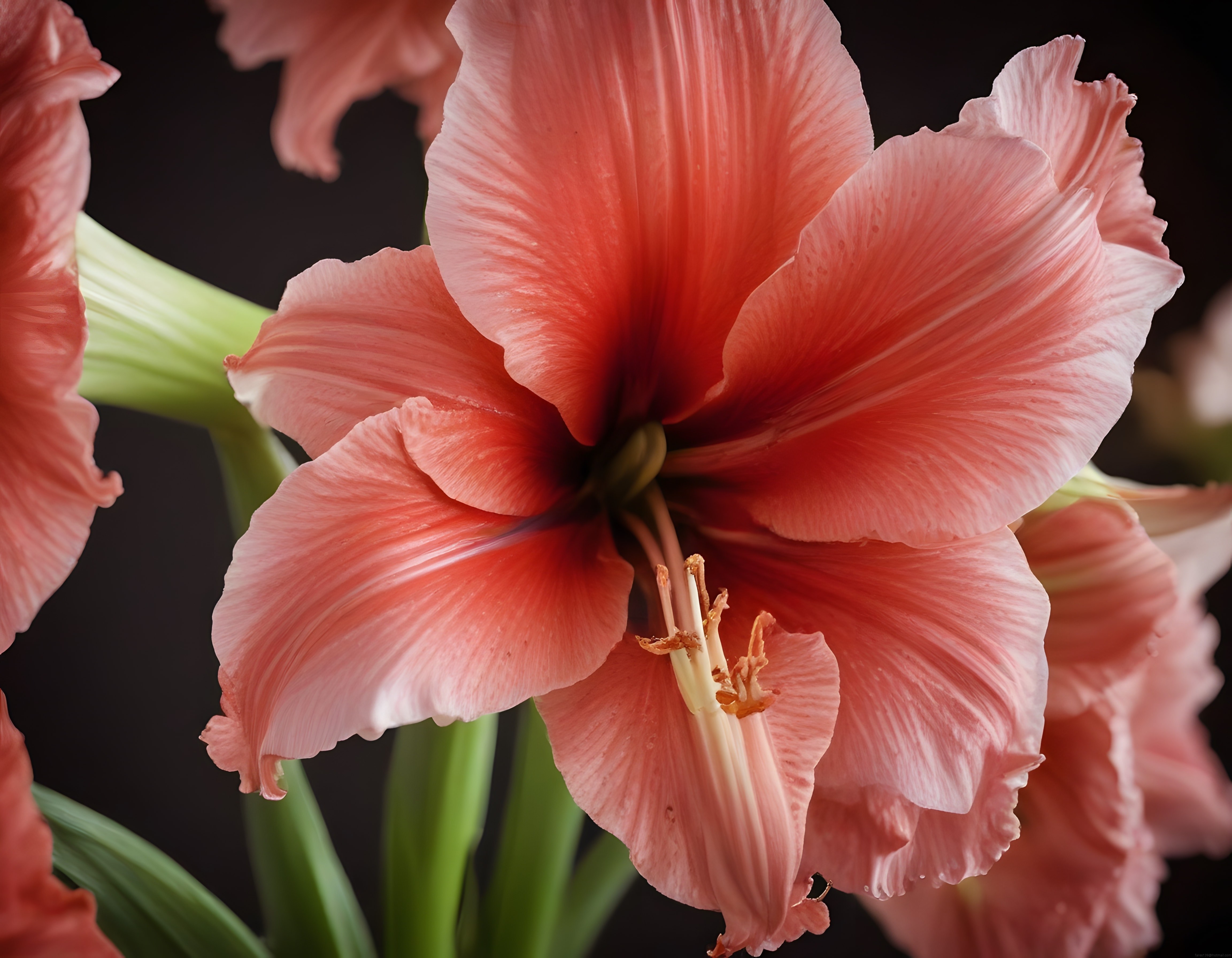 Somon pembe amaryllis çiçeğinin yakın çekim detayları ve koyu arka planı