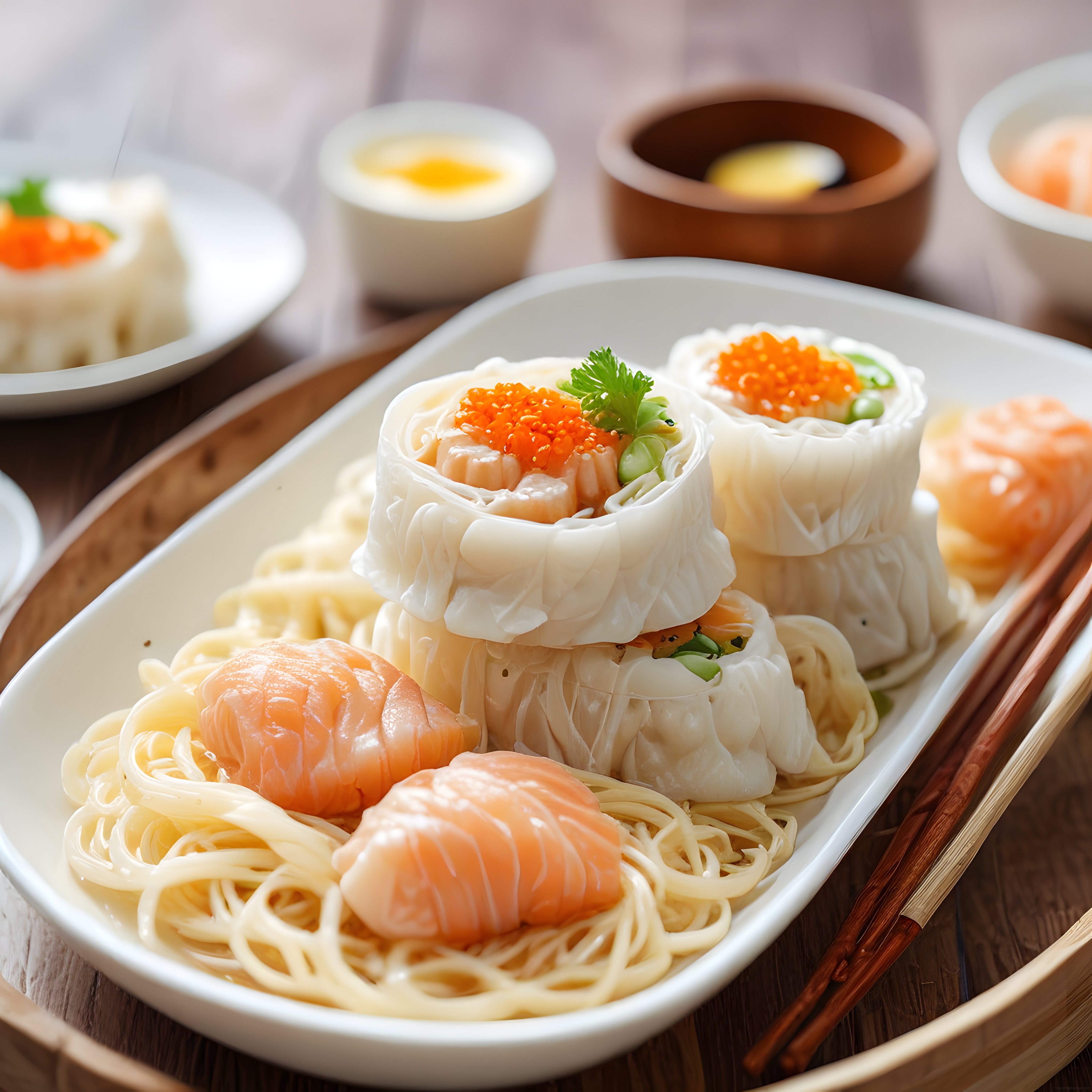 Somon sashimi, havyarlı sushi ruloları ve erişte ile zarif Japon sunumu