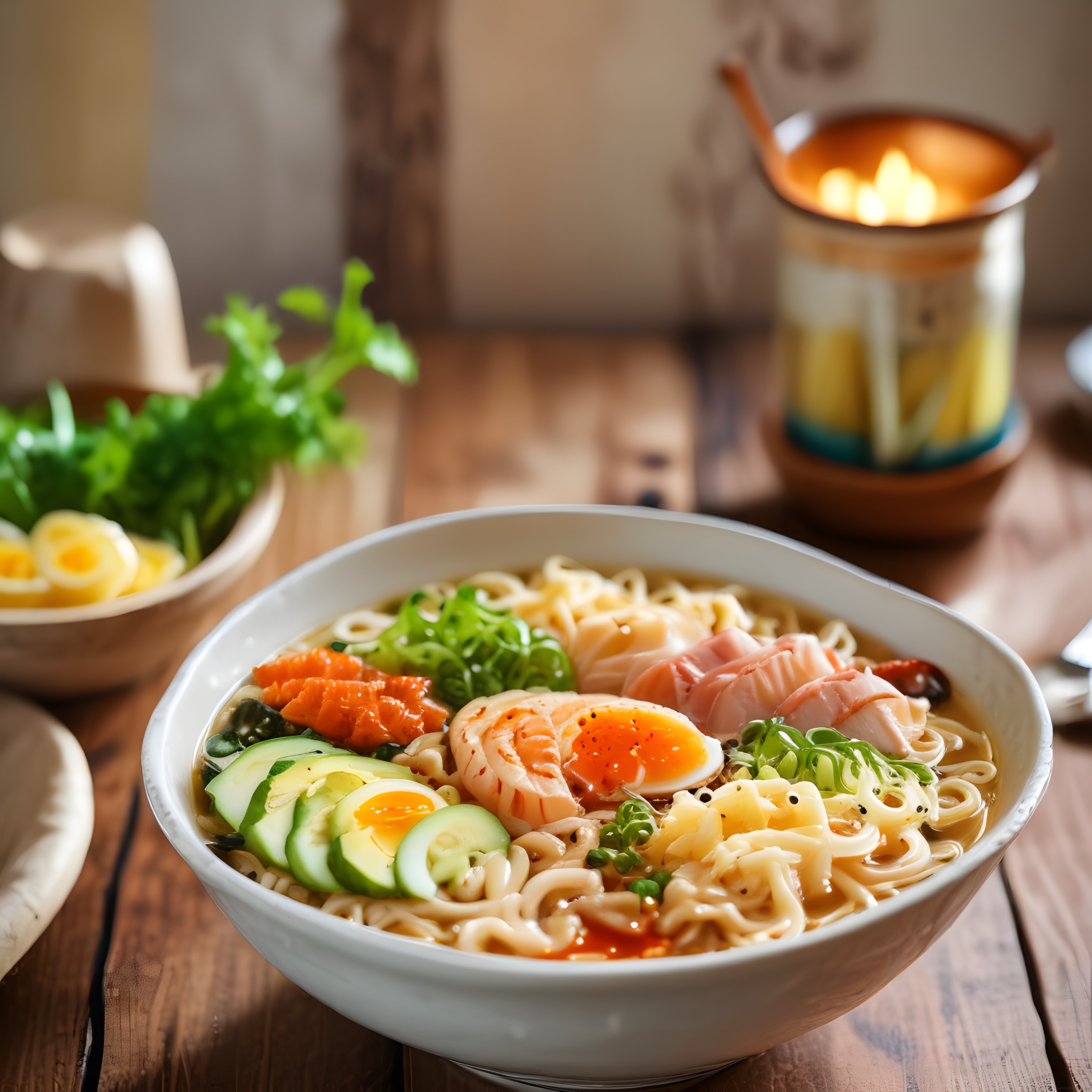 Somon, taze sebzeler ve yumuşak yumurtalı ev yapımı ramen kasesi