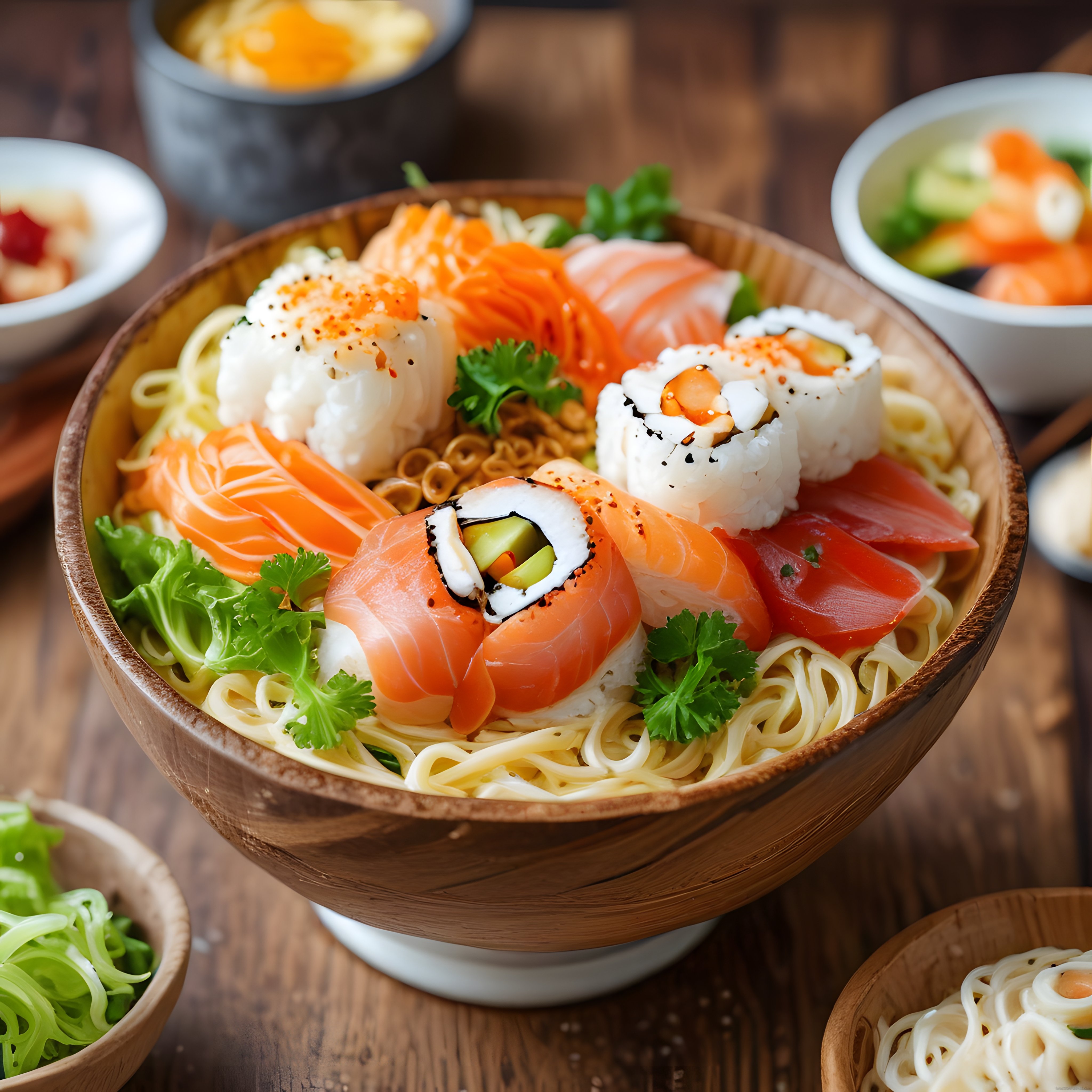 Somon ve suşi parçalarıyla servis edilmiş ahşap kasede noodle
