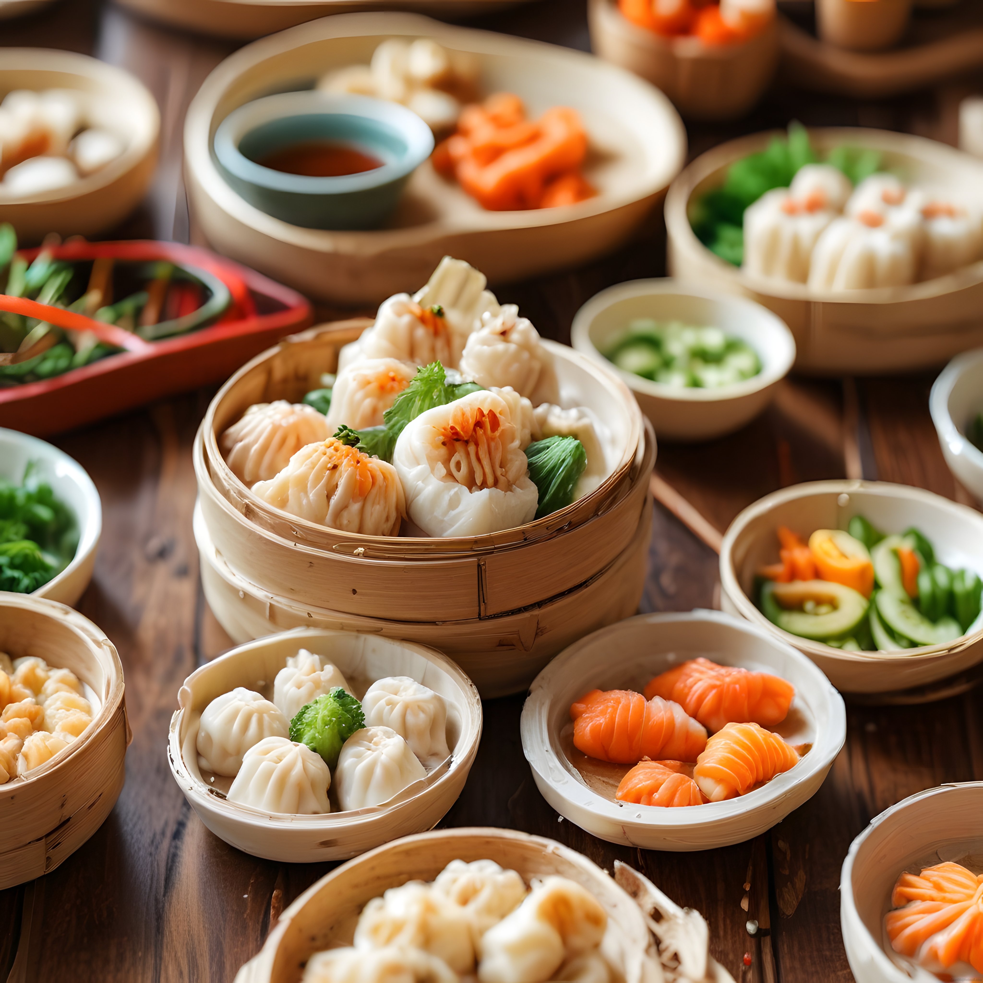 Somonlu Asya Tapasları: Bambu Sepetlerde Dim Sum ve Sashimi Sunumu