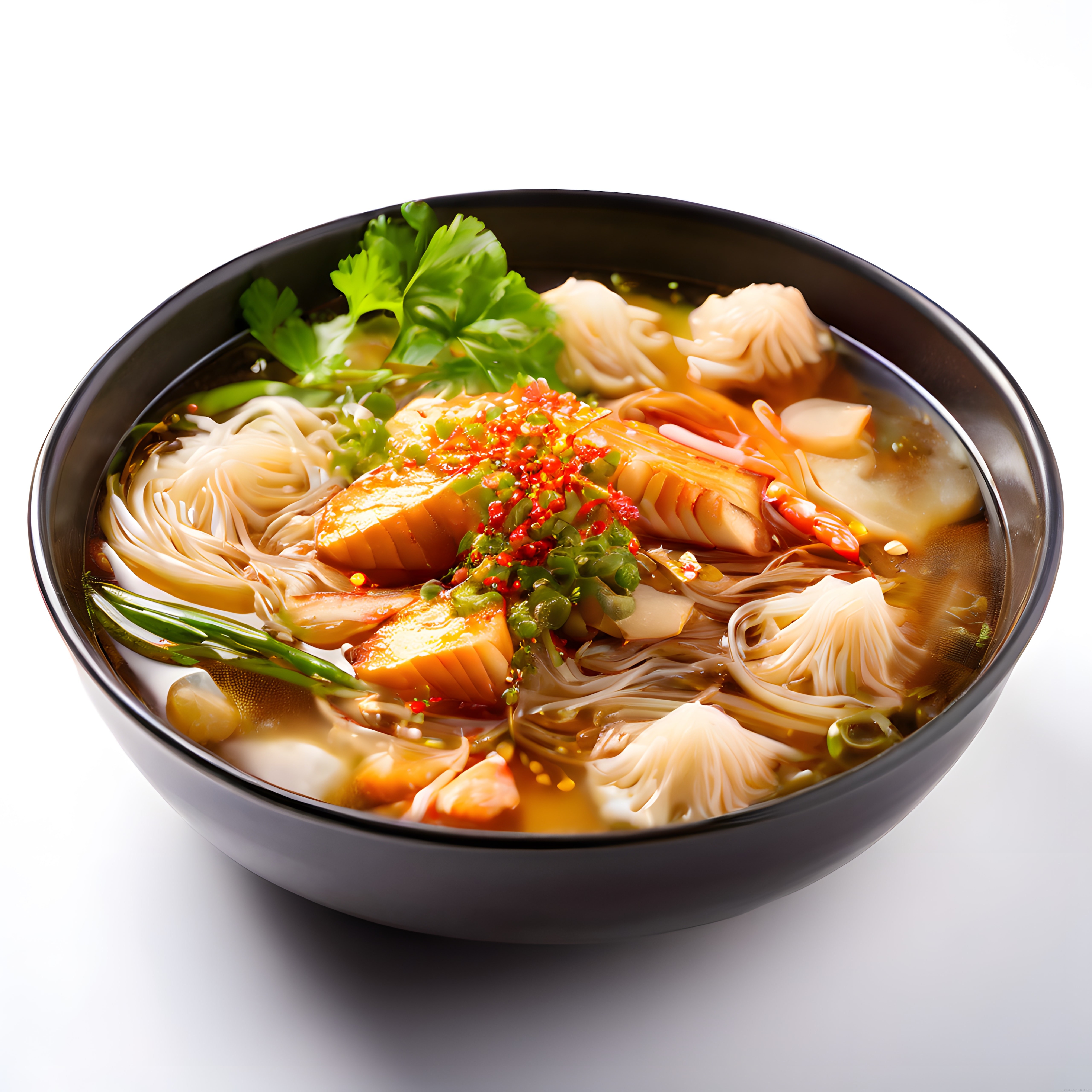 Somonlu Mantılı ve Taze Yeşillikli Asya Noodle Çorbası Kase Sunumu