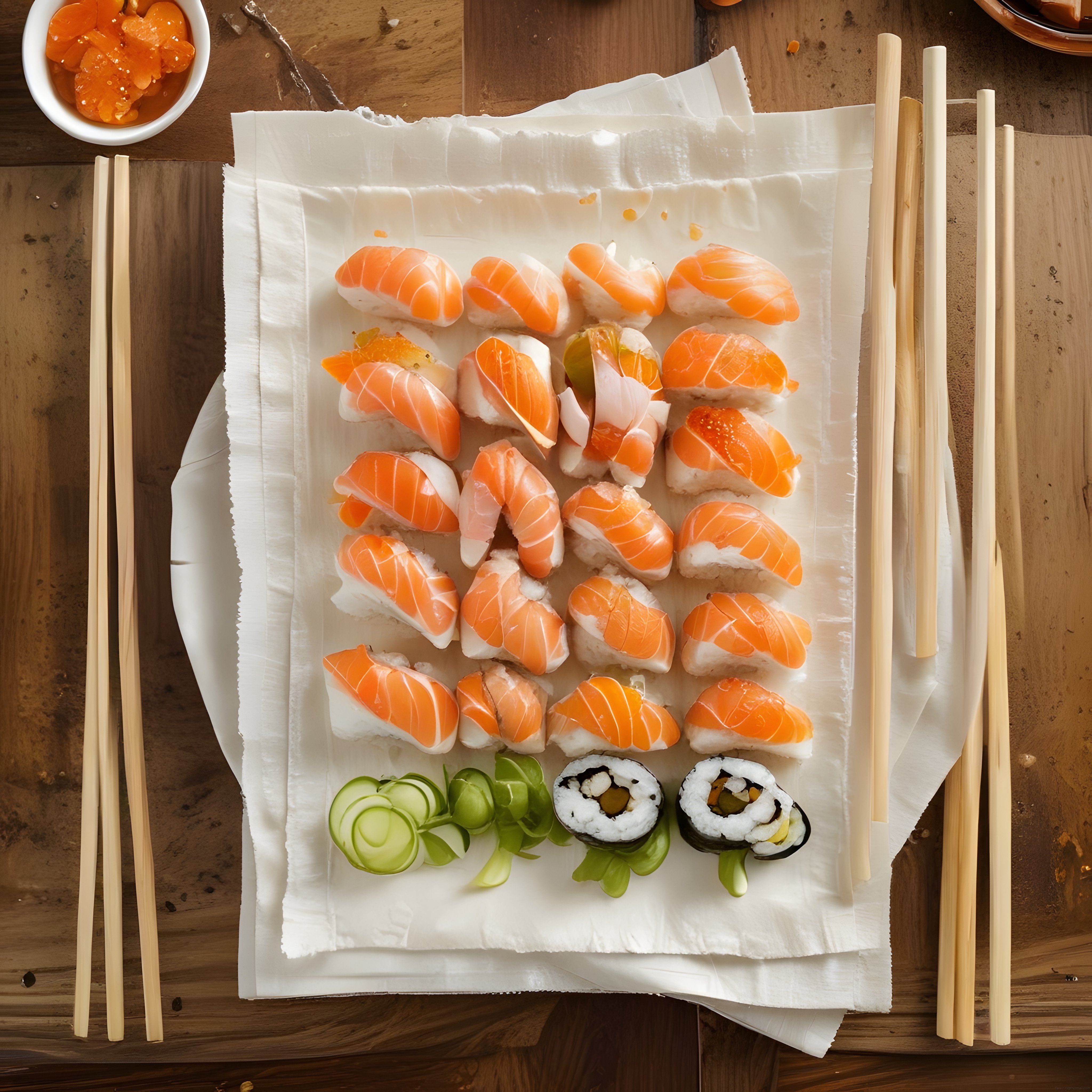 somonlu nigiri suşi çeşitleri ve taze sebzelerle ahşap masa üstü japon sunumu