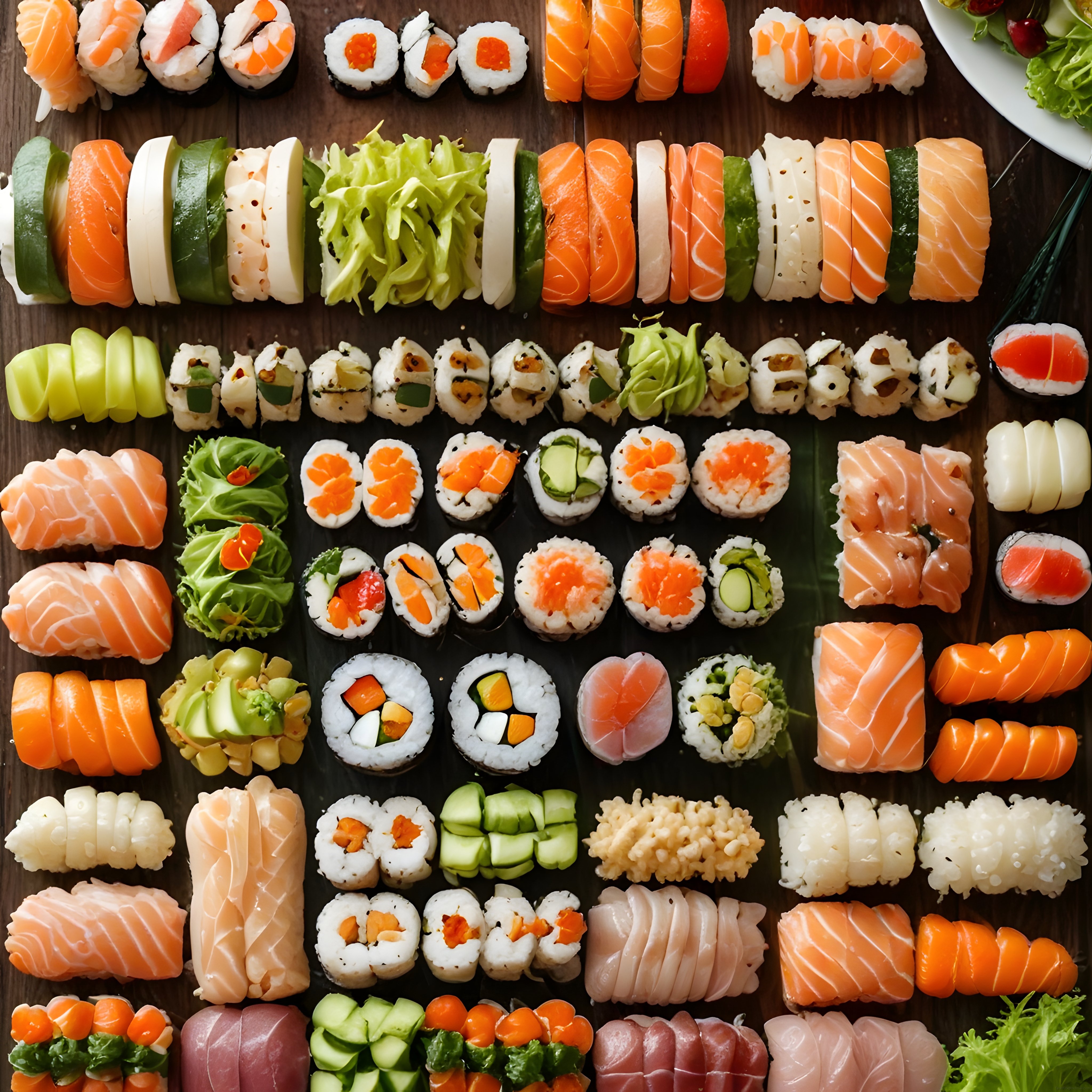 Somonlu Nigiri ve Çeşitli Makilerle Süslenmiş Şık Sushi Sunum Tahtası