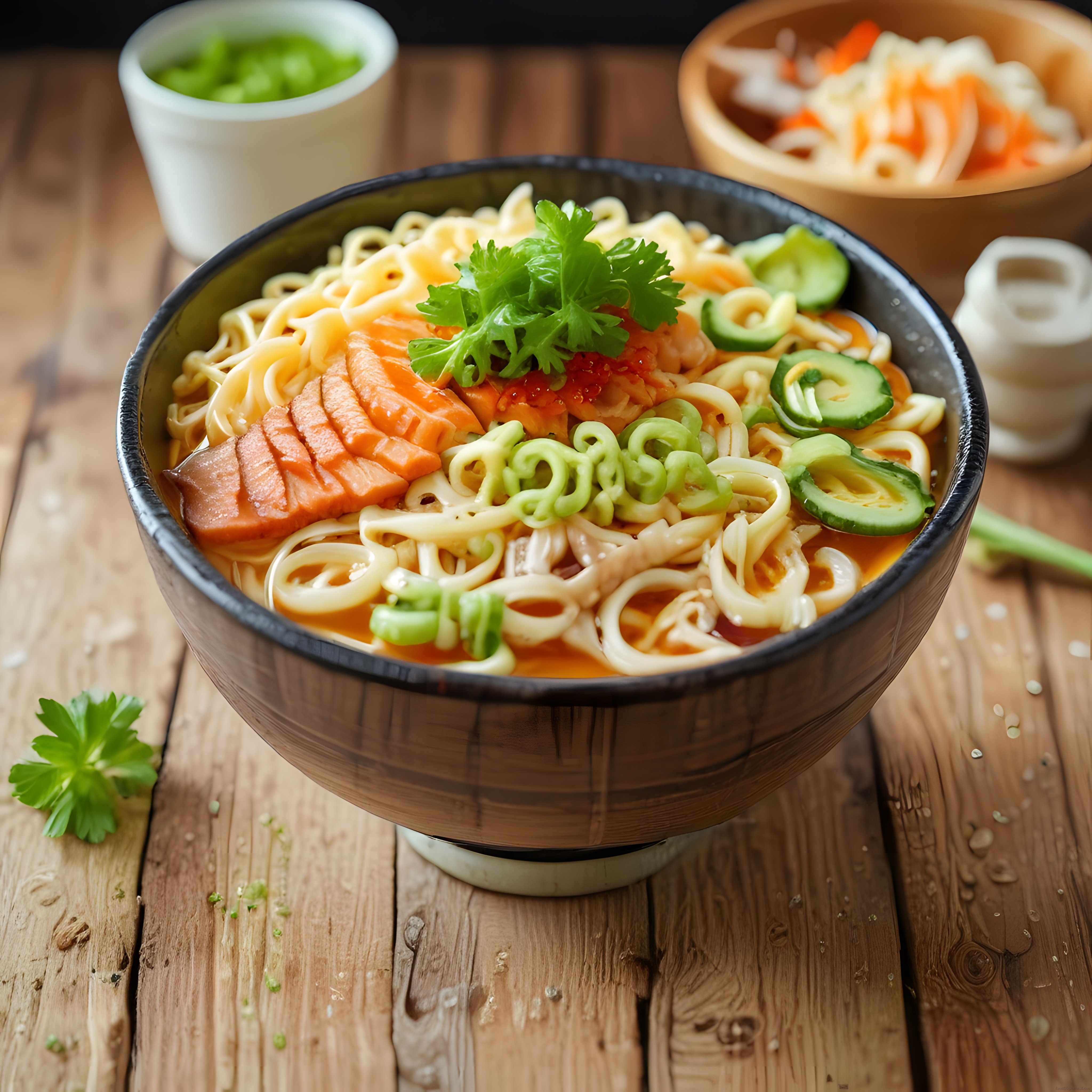 Somonlu Ramen Kasesi: Taze Kişniş ve Sebzelerle Süslenmiş Asya Mutfağı Lezzeti