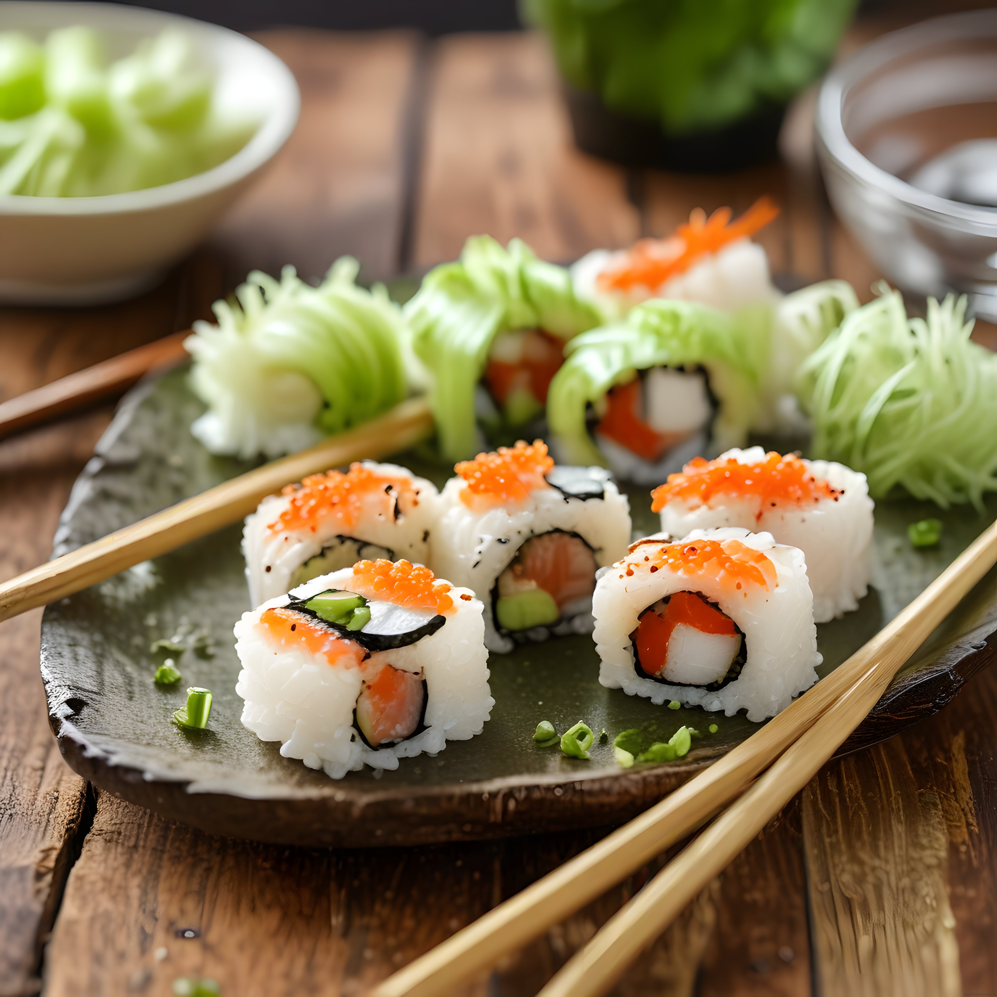 Somonlu Sushi Makiler, Avokado ve Turuncu Havyar ile Şık Ahşap Sunum