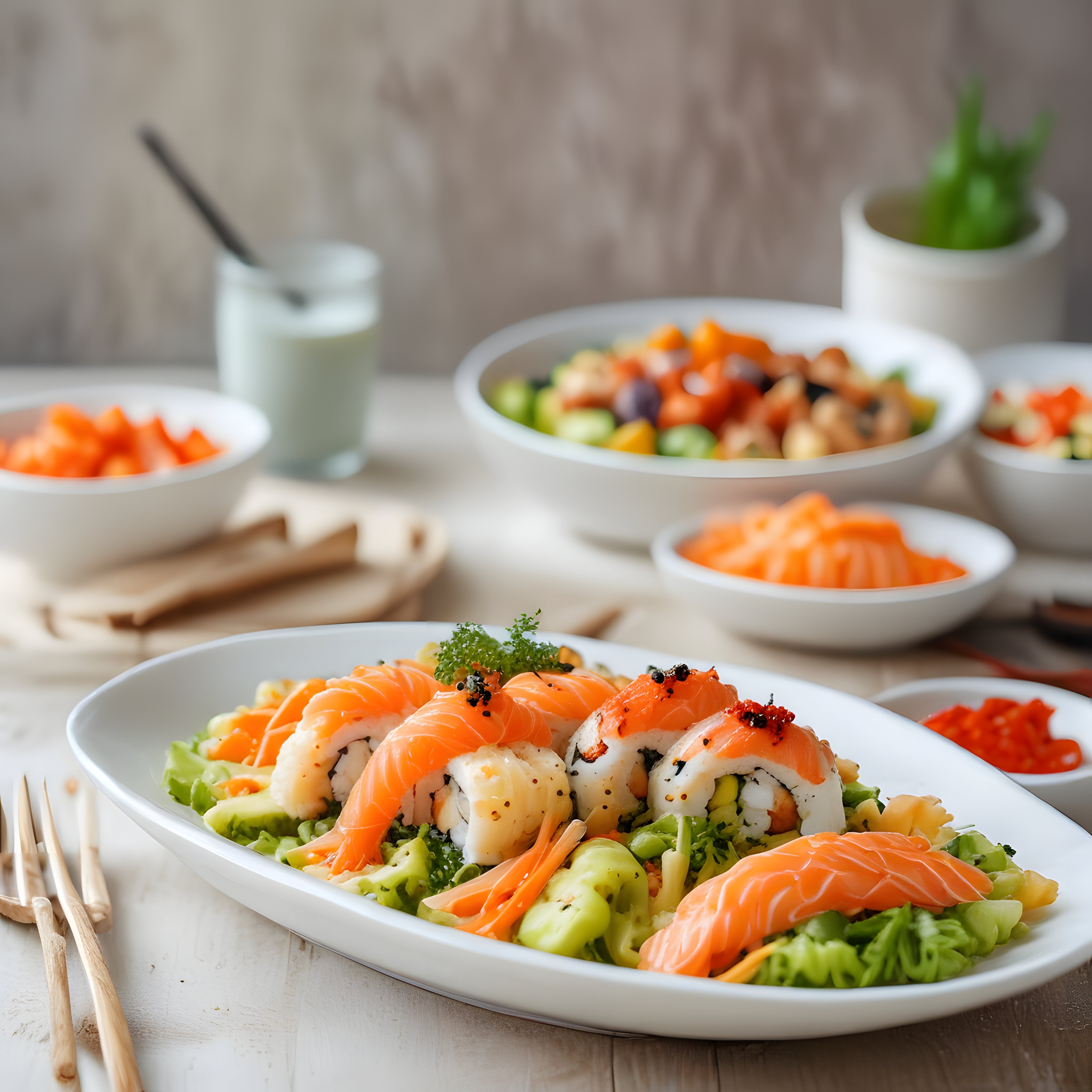 Somonlu Sushi ve Taze Sebzelerle Hazırlanmış Şık Yemek Sunumu