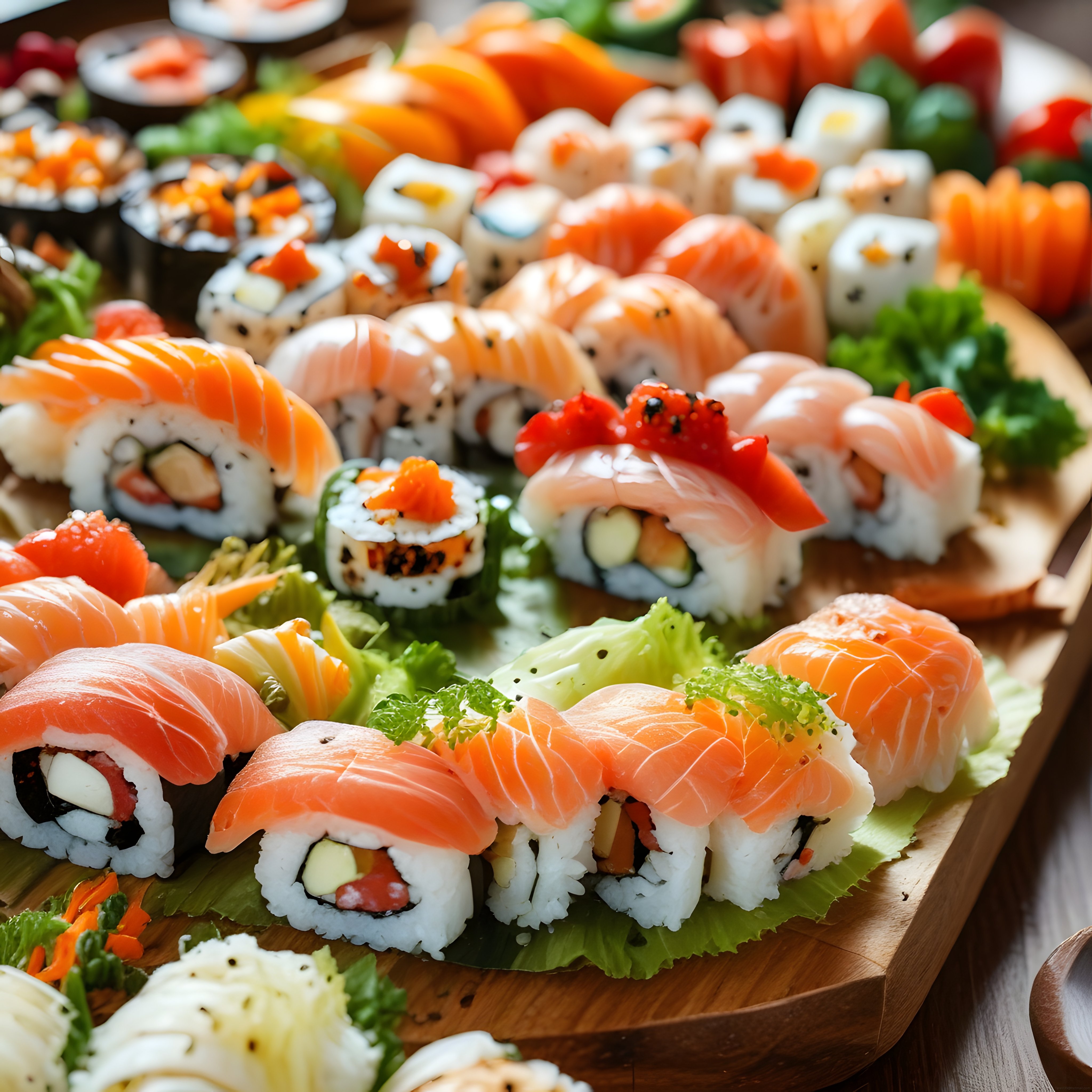 Somonlu Uramaki ve Nigiri Çeşitlerinin Ahşap Tepsi Üzerinde Görkemli Sunumu