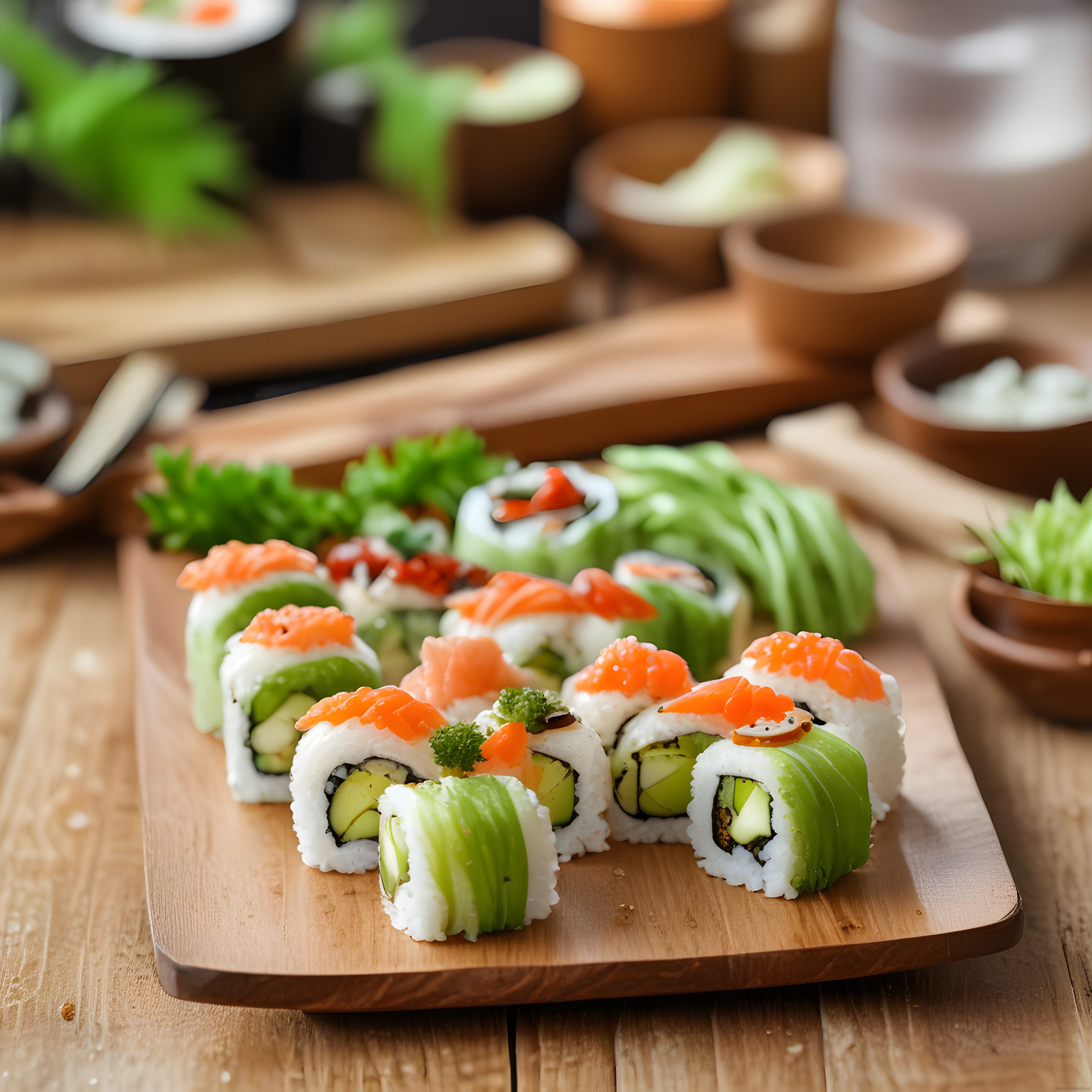 Somonlu ve avokadolu taze sushi çeşitleri ahşap sunum tahtası üzerinde
