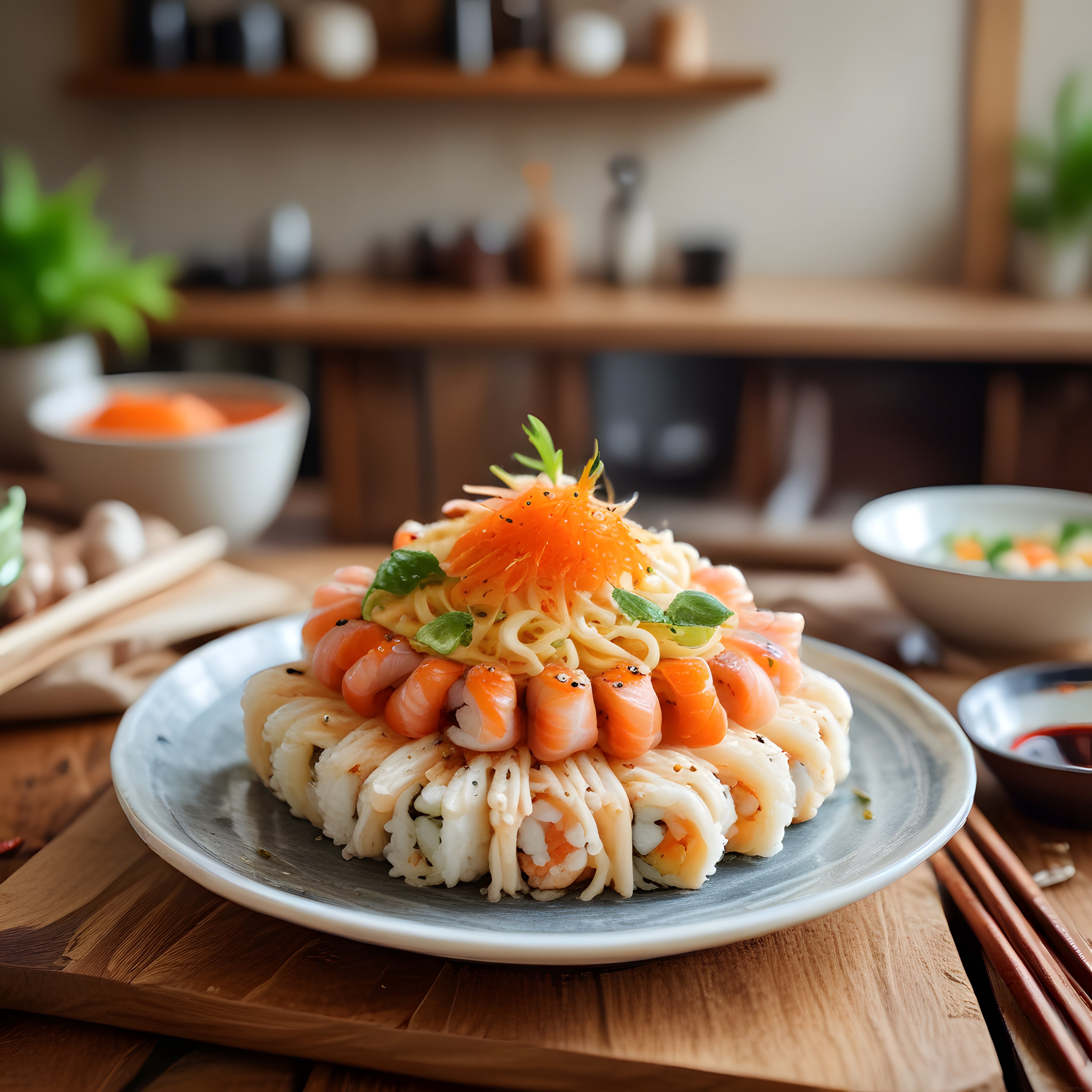 Somonlu ve Havyarlı Özel Sushi Sunumu Japon Mutfağından Rustik Tabak