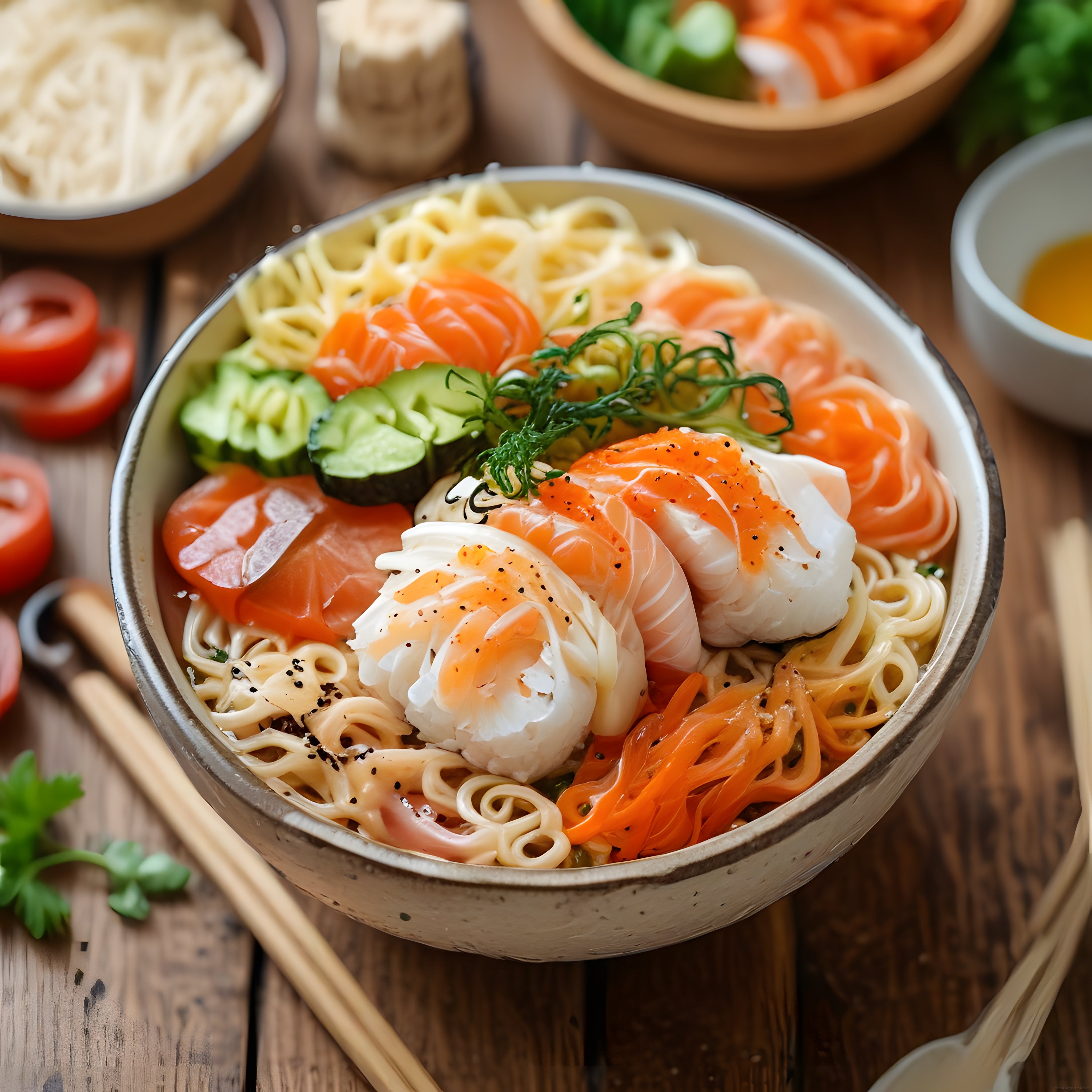 Somonlu ve Sebzeli Noodle Kasesi: Ahşap Sunumlu Sağlıklı ve Doyurucu Tarif