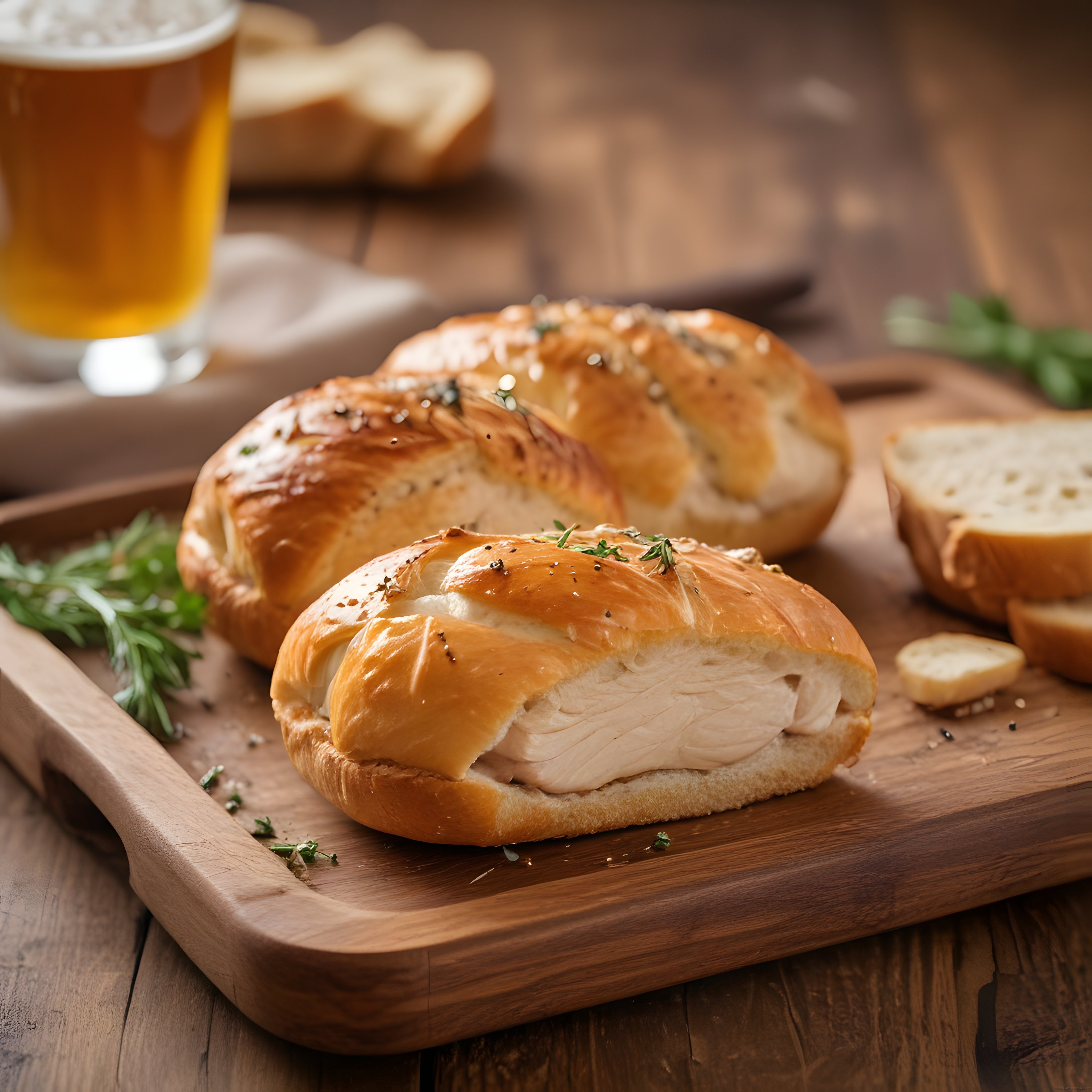 somun ekmek kasesinde baharatlı fırın tavuk ve köpüklü bira sunumu