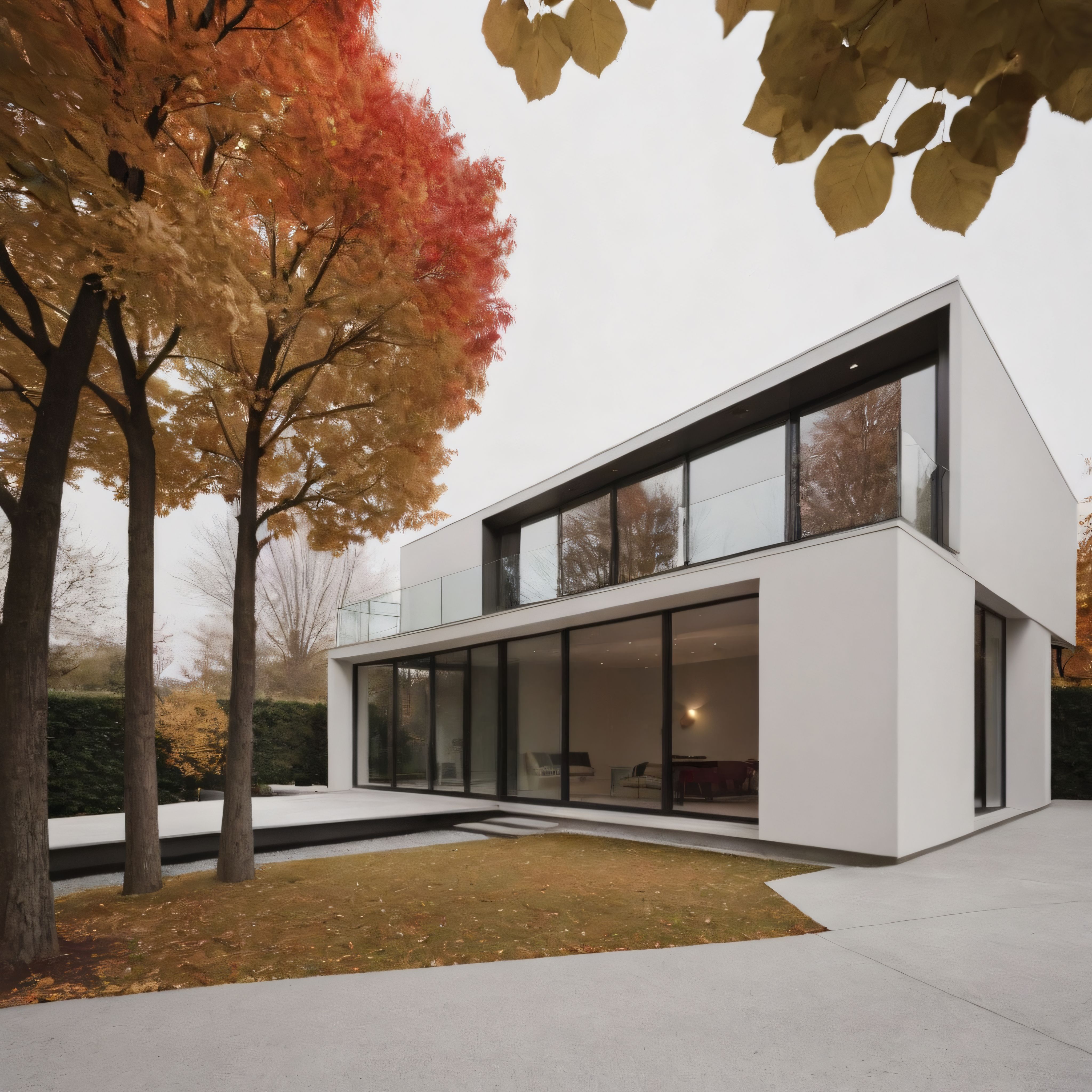 Sonbahar ağaçları arasında modern mimari anlayışla tasarlanmış beyaz villa Sonbahar ağaçları arasında modern mimari anlayışla tasarlanmış beyaz villa