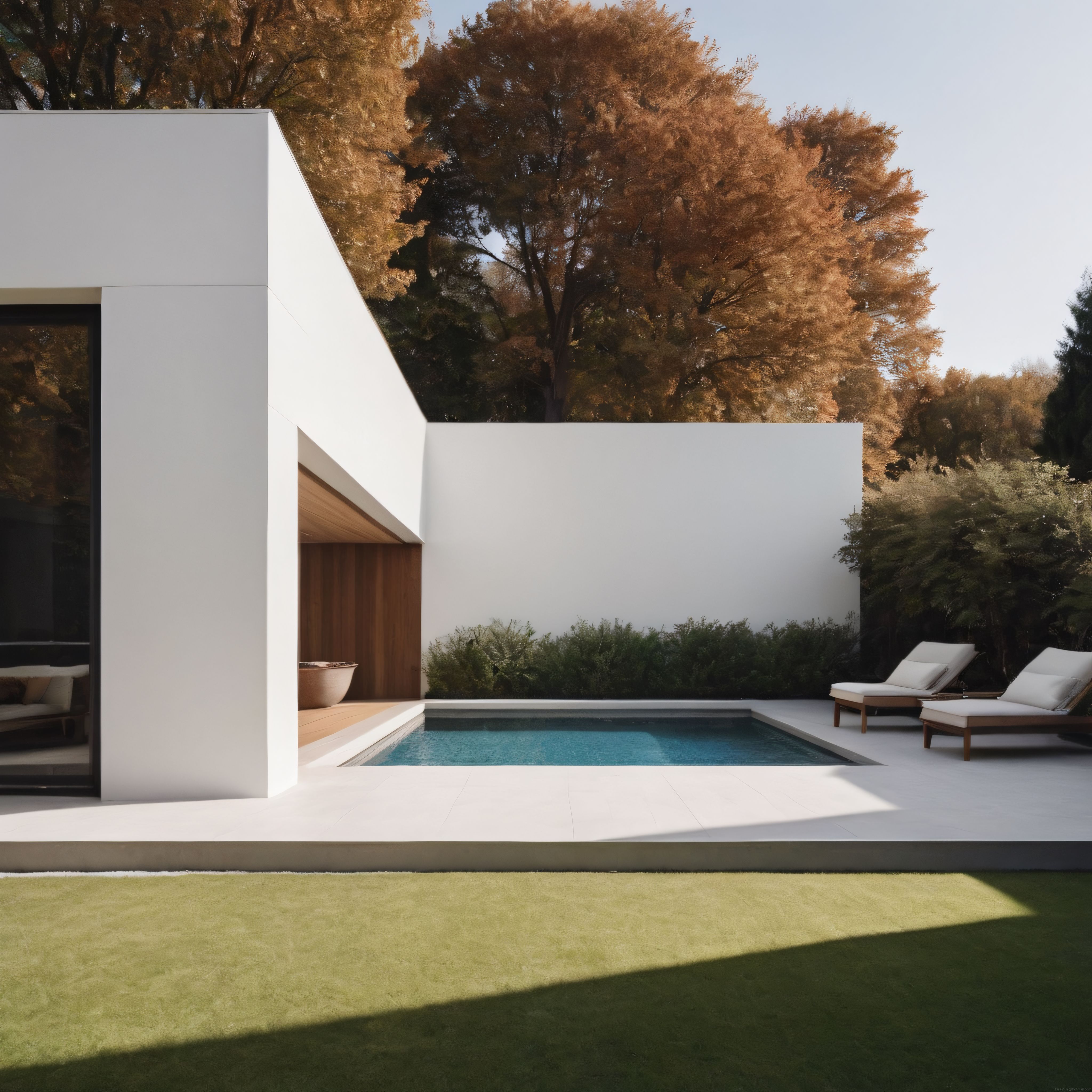 Sonbahar Ağaçları Arasında Modern Minimalist Havuzlu Villa ve Bahçe Tasarımı