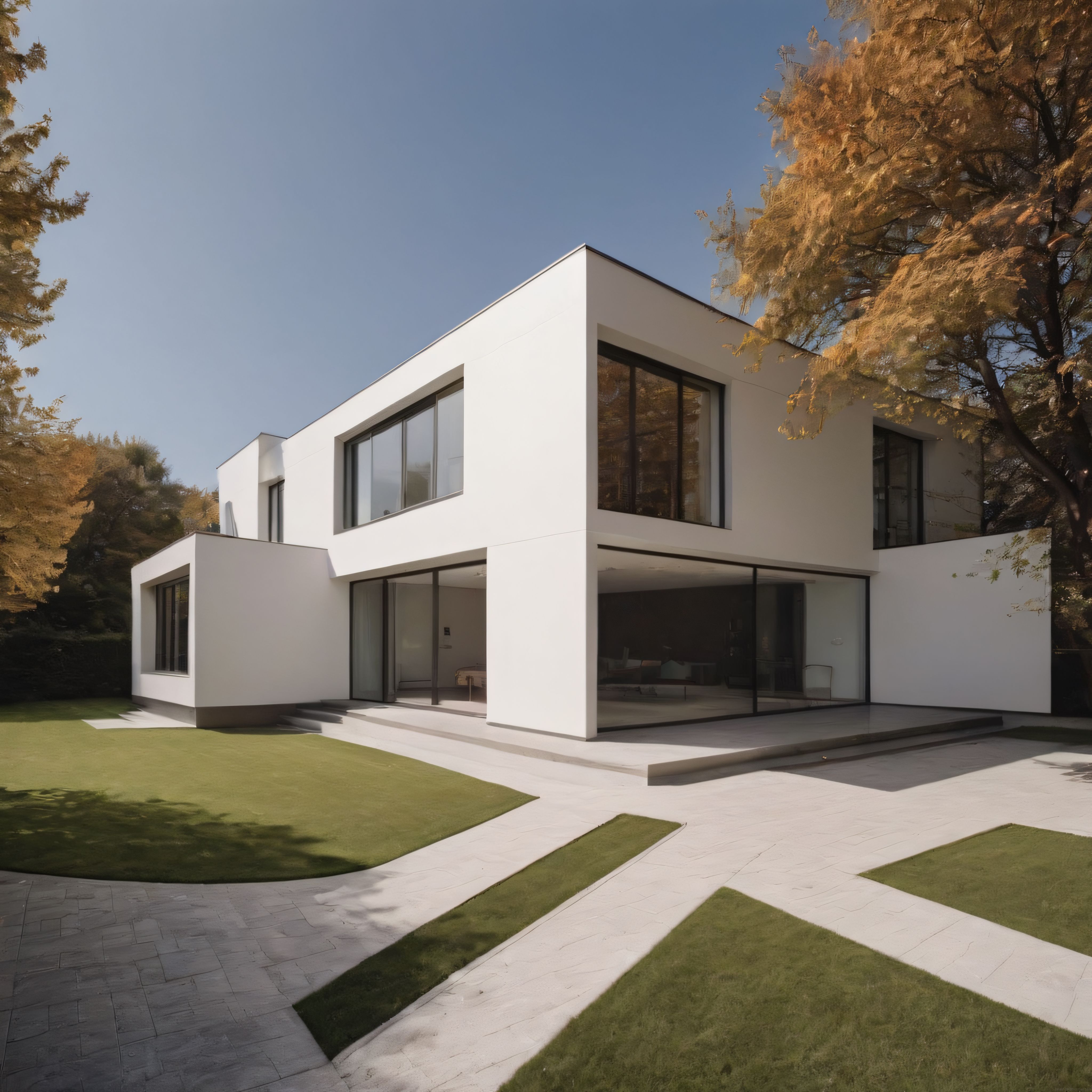 Sonbahar Ağaçları Arasındaki Lüks Beyaz Minimalist Modern Villa Tasarımı