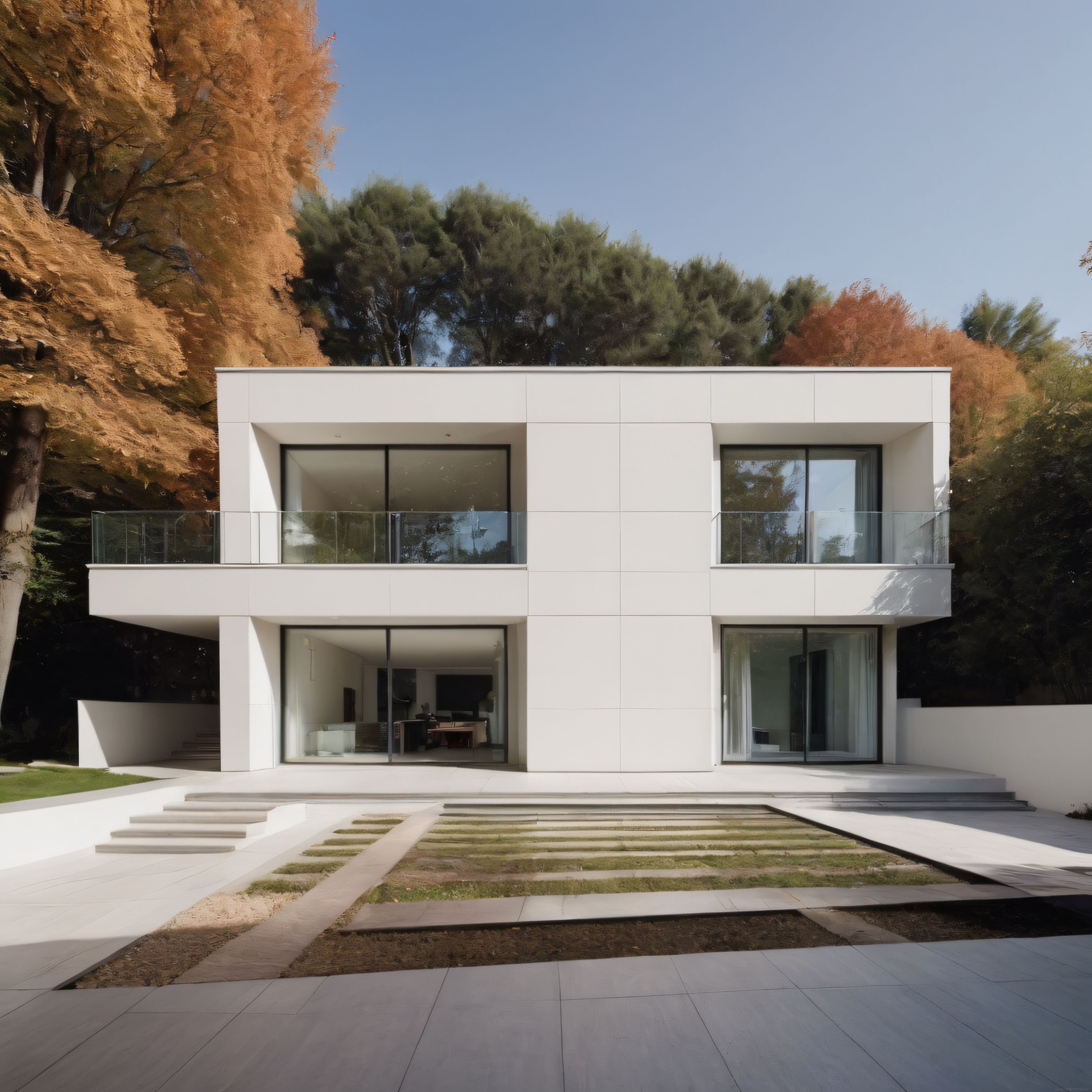 Sonbahar Ağaçları Arasındaki Modern Beyaz Villa ve Minimalist Mimari