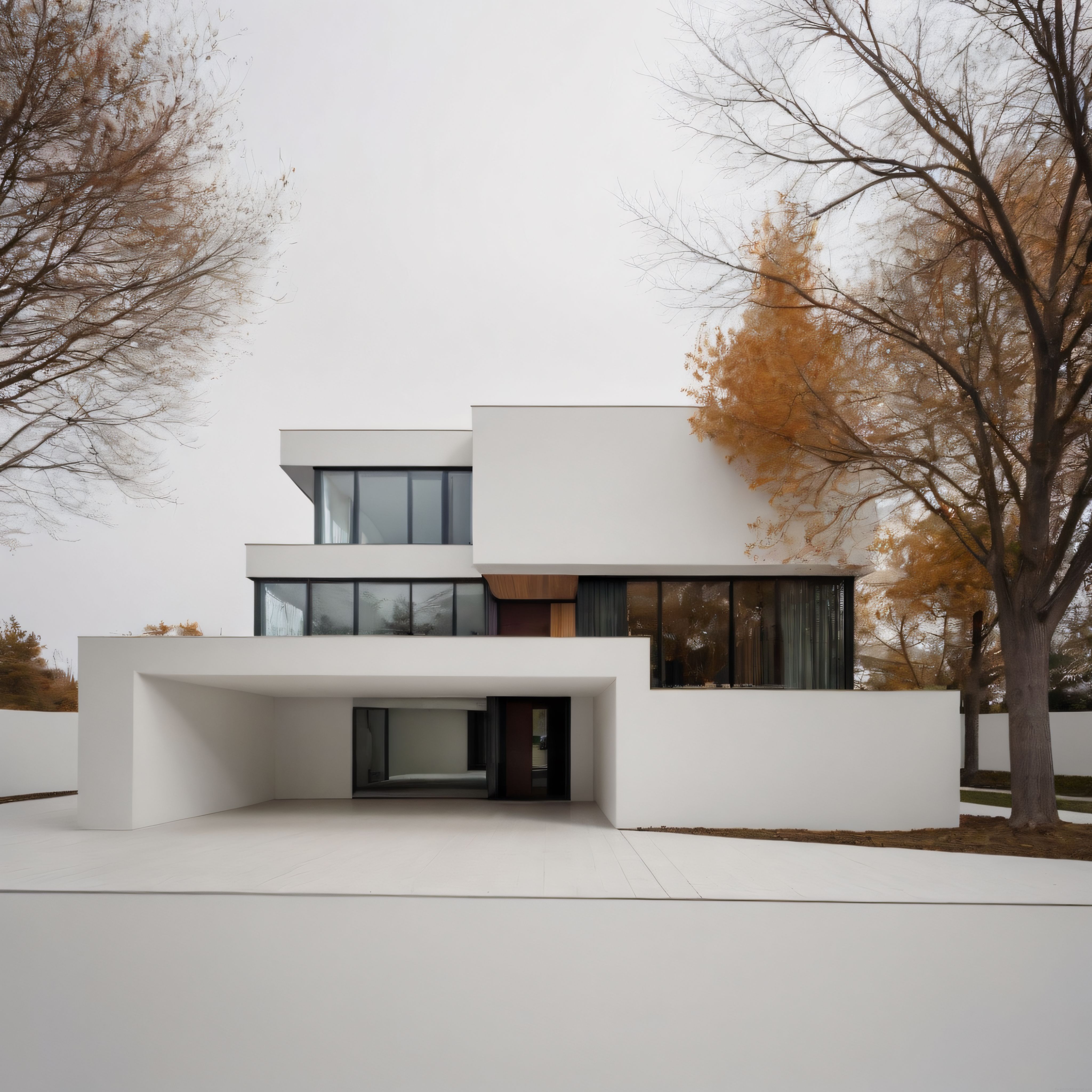 Sonbahar Ağaçları Arasındaki Modern Minimalist Beyaz Villa ve Sessiz Atmosfer