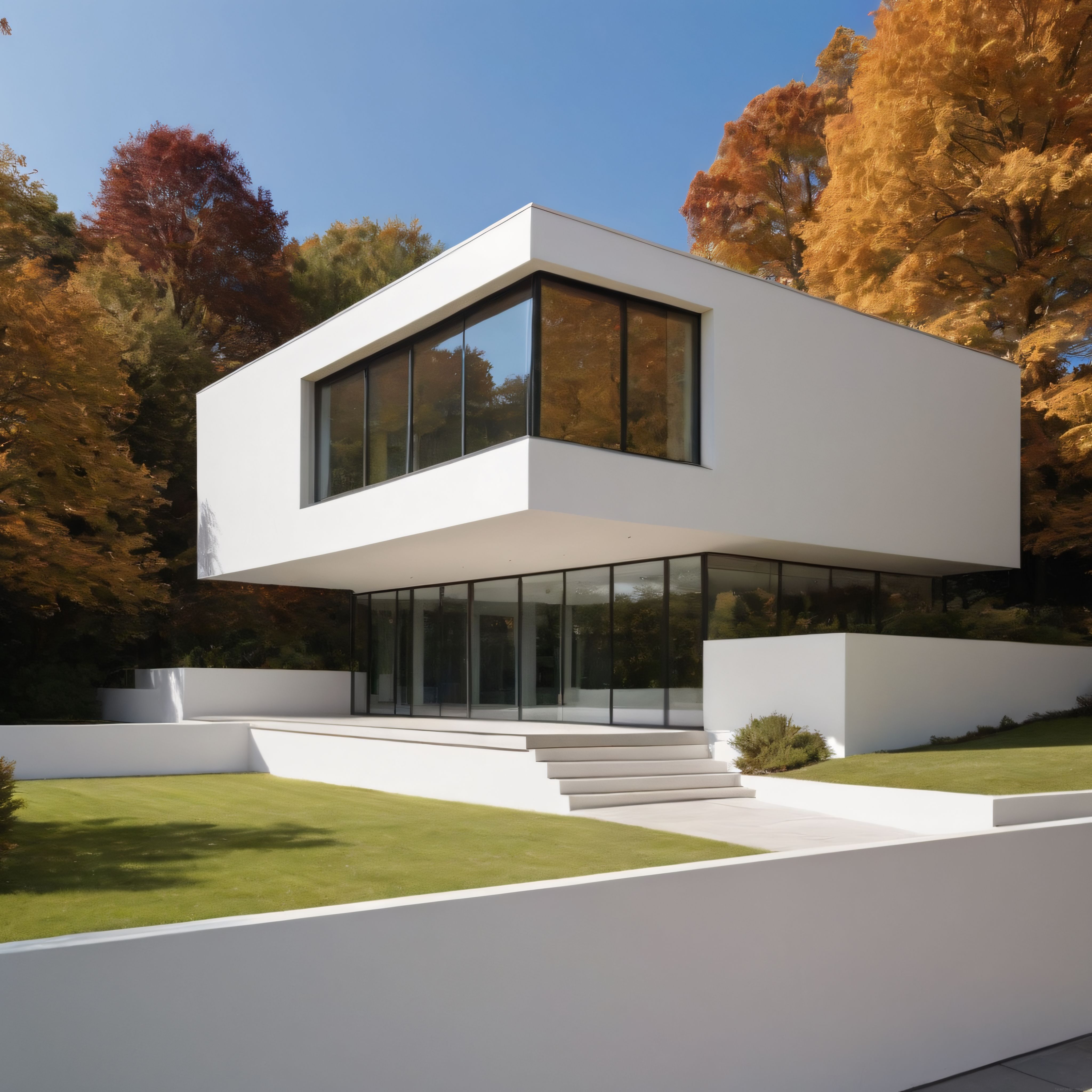Sonbahar Ağaçlarıyla Çevrili Lüks Modern Minimalist Beyaz Villa ve Bahçe