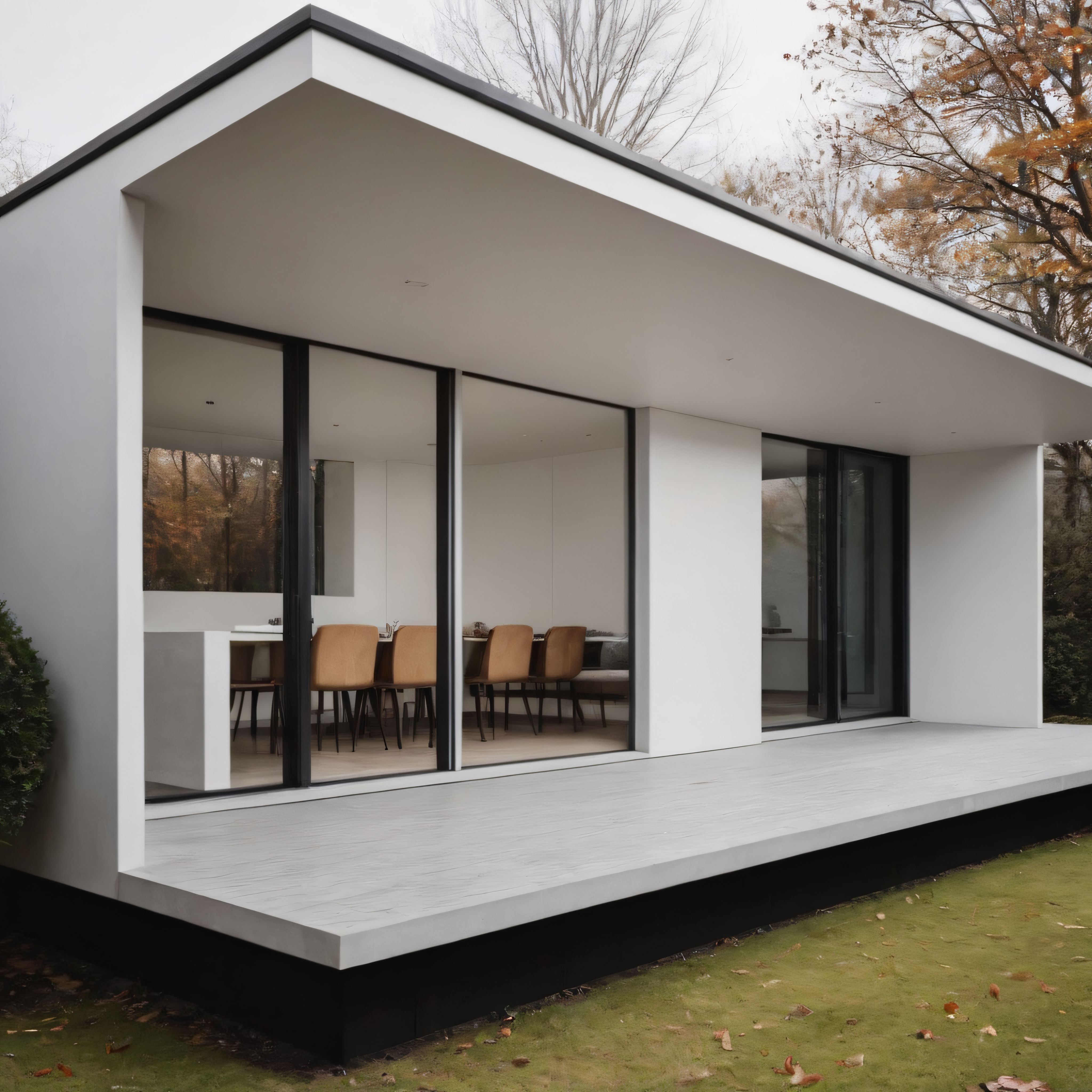 Sonbahar ağaçlarıyla çevrili minimalist beyaz modern ev ve geniş veranda