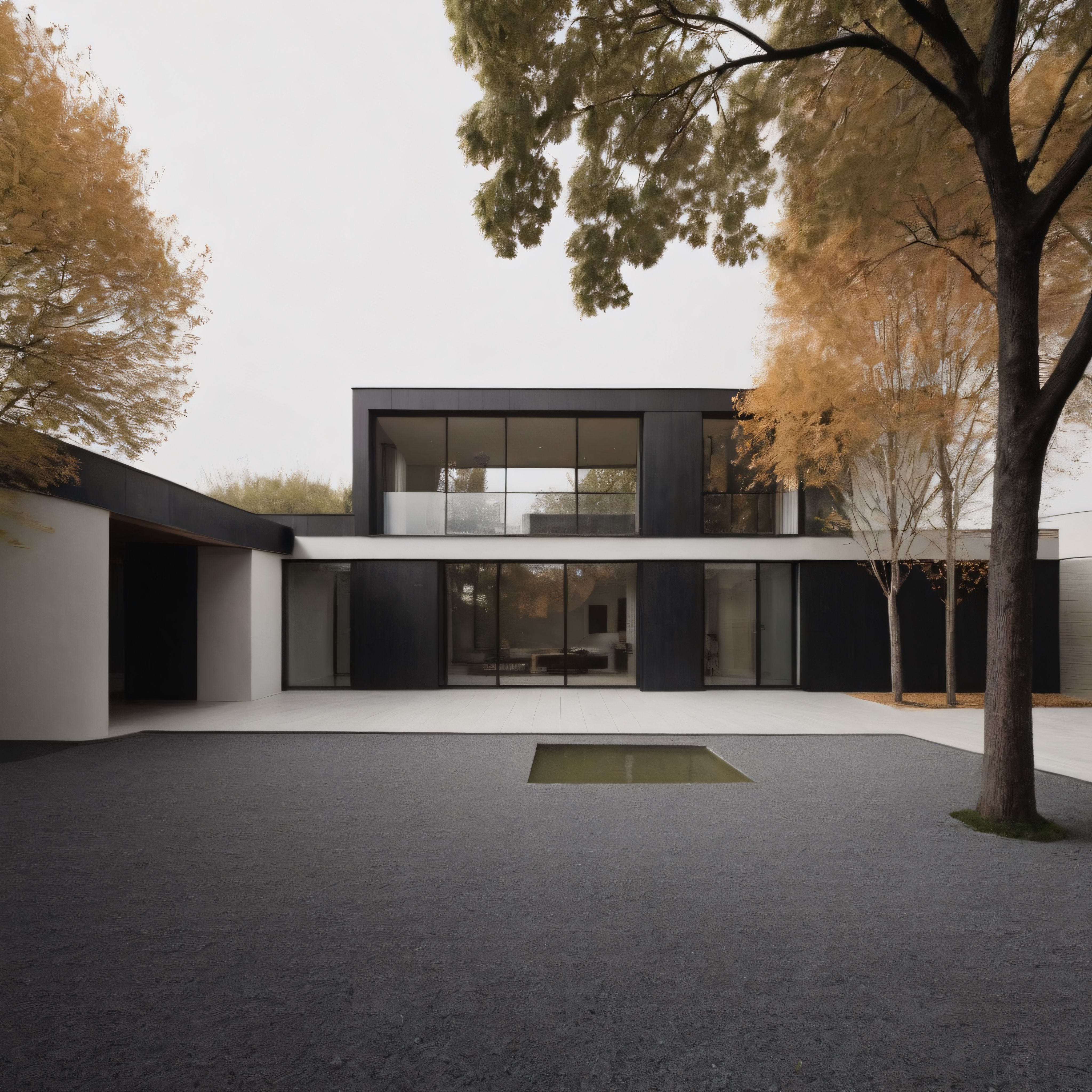 Sonbahar Ağaçlarıyla Çevrili Minimalist Modern Villa ve Havuzlu Avlu