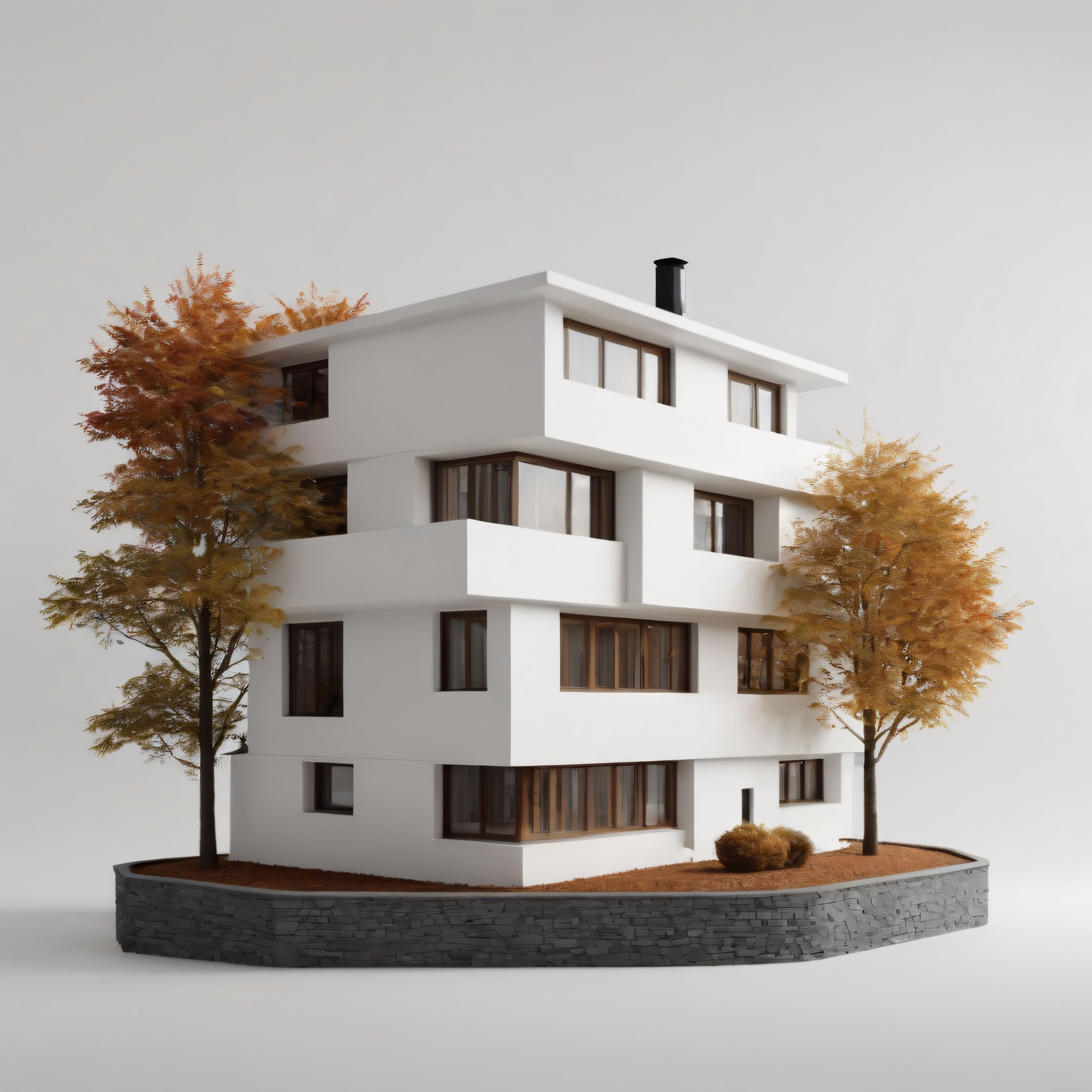 Sonbahar Ağaçlarıyla Çevrili Modern Beyaz Villa ve 3D Mimari Modelleme